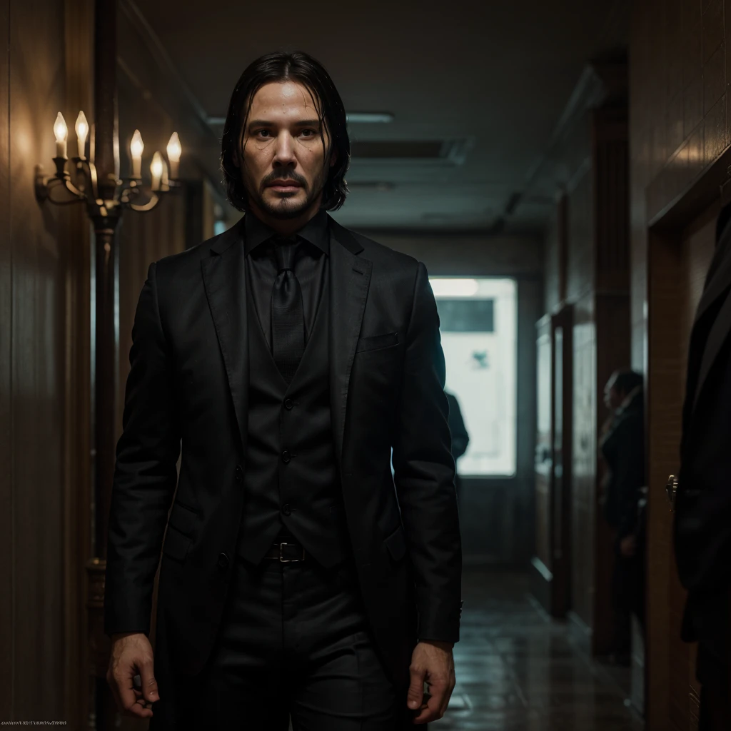 frontal figure and costumes and props
Of John Wick, 100%Keanu Reeve, flat black background