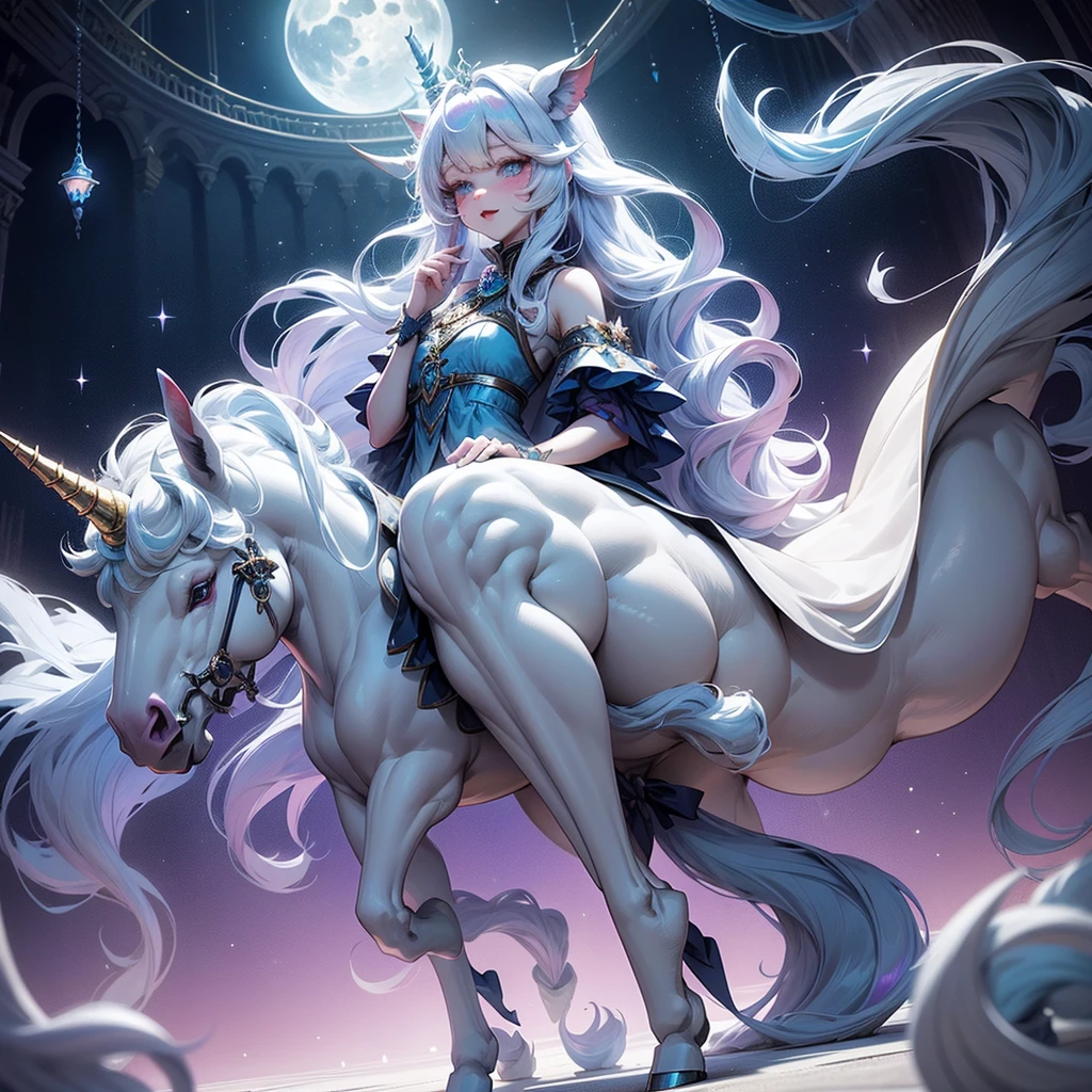 Moonlight night, There a white unicorn girl, blue mane and long mane, , A unicorn, celestia, Nine stories, blue unicorn, soft dreamy, cinematic light《fangs》Unicorn in mythical creature,, unicorns, a glaceon princess, Auroracore, ghostly iridescent, image good for rendering, unicorn girl, full body.