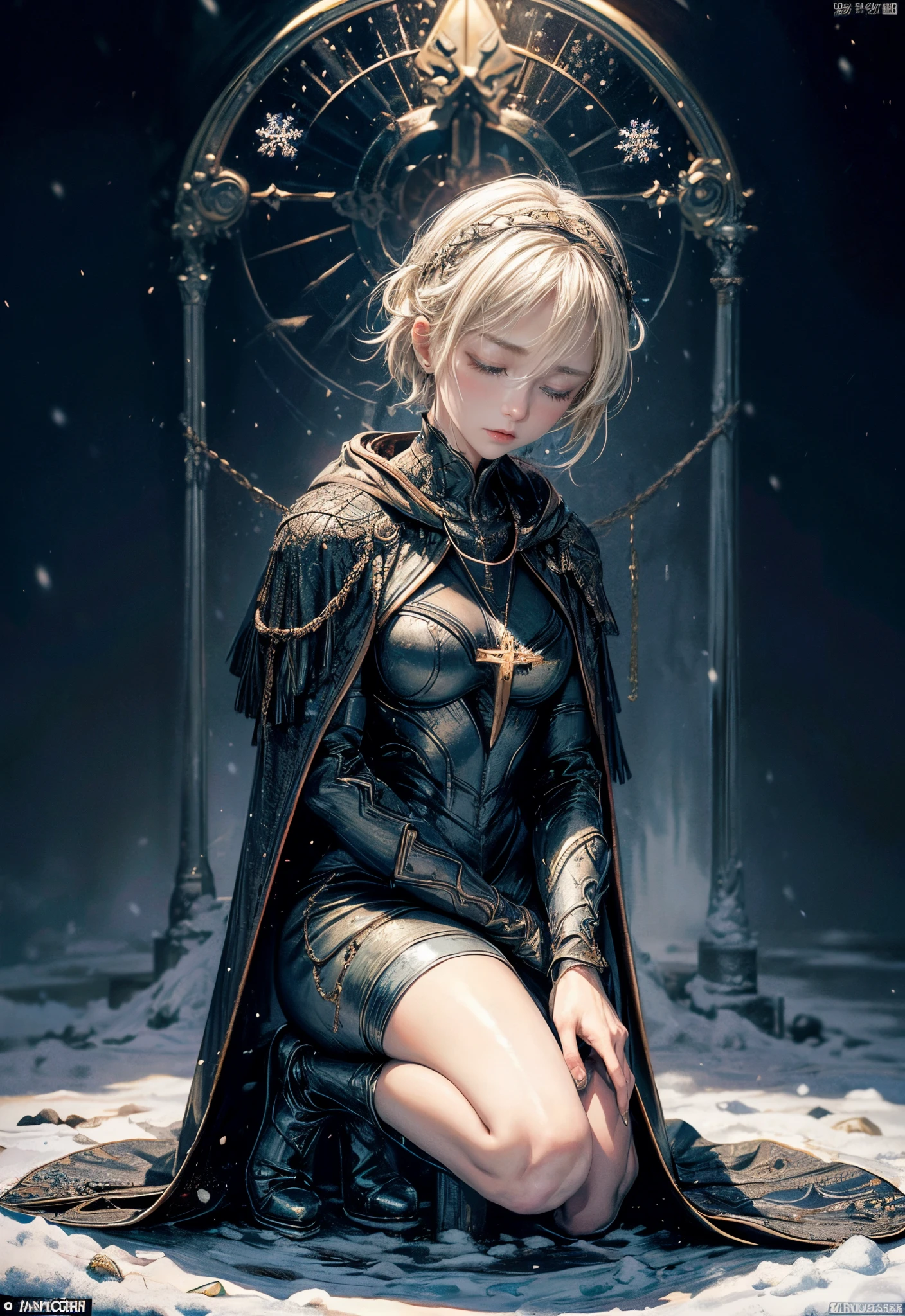 Cinematic lighting,super detailed skin、Beautiful quality with attention to detail,cyberpunked,(Alternative、dim colors, Soothing tones:1.3),NSFW(1beautiful woman、Detailed beautiful facial features:1.3)(Beautiful woman in the style of Joan of Arc、Blonde medium hair、Cross Necklace、winter cloak:1.2).(crouching down、Close your eyes and cry:1.5)grass field(standing next to a snow-covered tombstone:1.5)After the war, snowflakes falling、There was a statue of a goddess