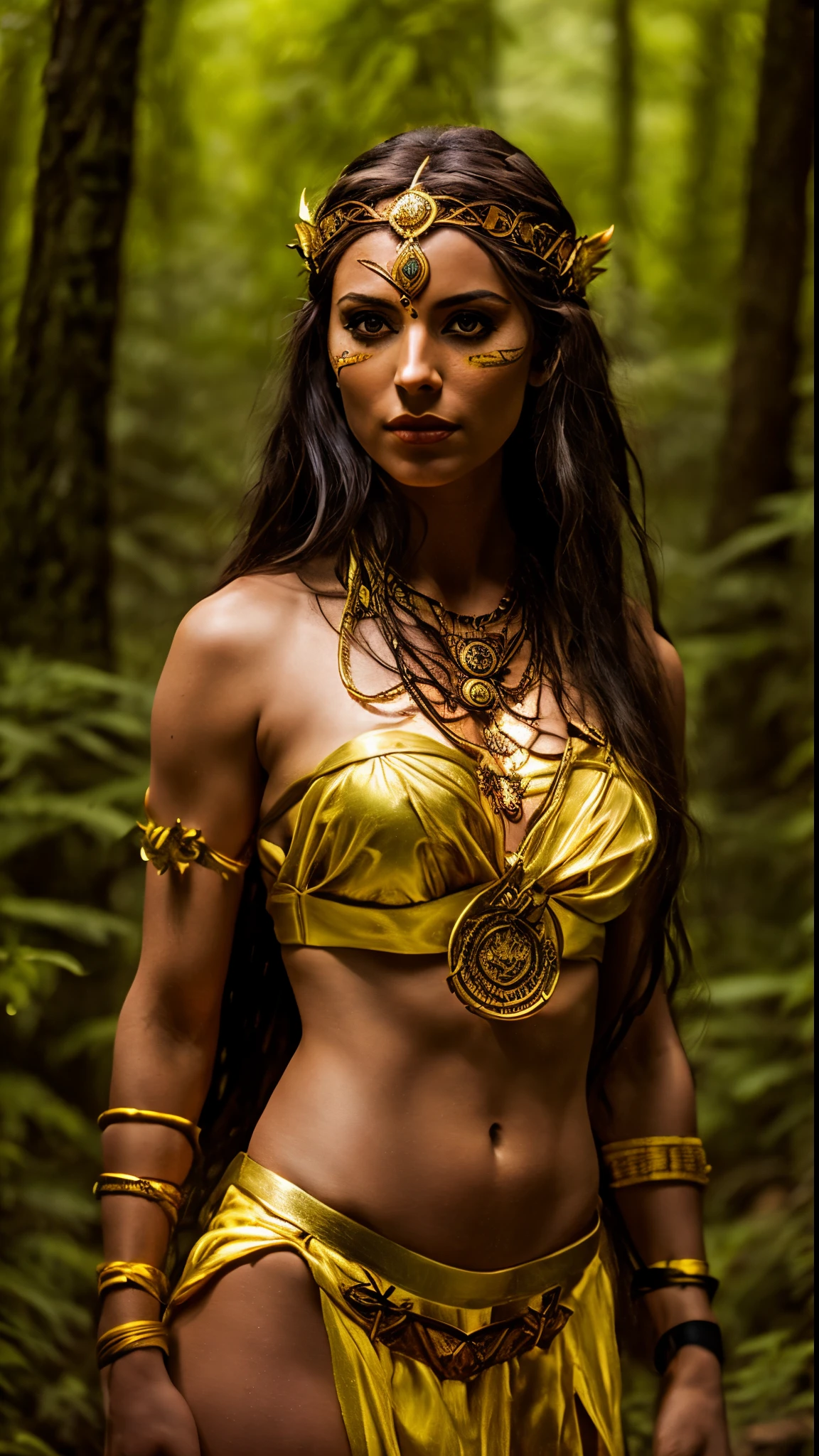arafed woman in a yellow bikini and gold jewelry in the woods, she dressed in shaman clothes, cinematic goddess body shot, portrait of a barbarian woman, beautiful young female shaman, very beautiful elven top model, beautiful wood elf, beautiful female druid, forest hunter lady, portrait of a barbarian female, evil fire sorceress in the woods