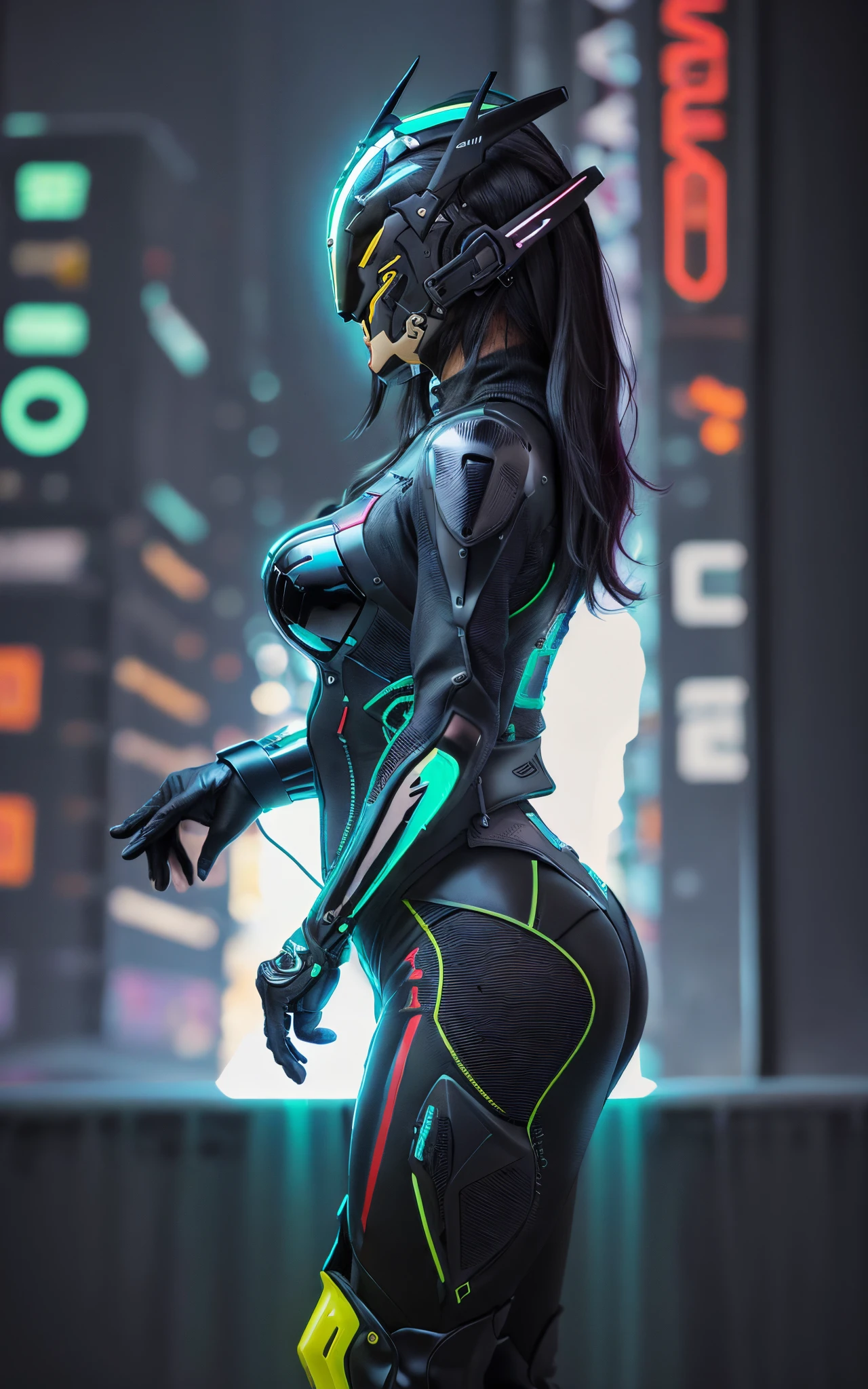Imagem 16k, gorgeous [Woman | Batman], Bikeroutfit de couro apertado preto no corpo, Bikersuit, luvas de motociclista, (Seios enormes), corpo magro, Futuristic (all closed cyber helmet) com orelhas de chacal, Faceoff, Cyberpunk, libidinoso, sedutor, inclinando-se para baixo, curvando-se para baixo, pose sexy, side view, ( no fundo da noite neon japan city ), arte digital detalhada, Cybernate, palmas detalhadas, luvas detalhadas para motociclista,