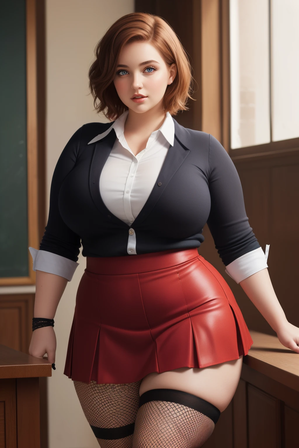 masterpiece, (photorealistic), (8k wallpaper) , (best quality), perfect quality, solo, (detailed eyes:0.9), girl, eating donut, red short curvy hair, very young, face : (very young, European, very beautiful face, plump face, young). figure : (very full figure, curvy, very chubby, love handles, muffin top, very soft, very thick,  big breasts, sexy, sexy pose, fat thighs). clothes: ( short miniskirt, very tight school uniform, ripped tights, fishnet ).
