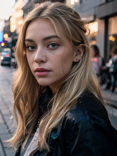 Shot of a blonde on the street at dusk, perfekte Augen, Augenfarbe blaugrau, volle Lippen, detailierte Haut, 20 Jahre jung, runde Wangen