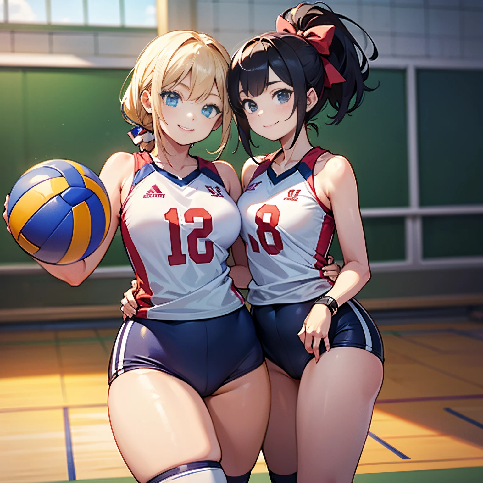 unity 8k wallpaper, anatomically correct, (((masterpiece))), (((best quality))), (((ultra detailed))), (((high-resolution))), ((super fine illustration)), ((Ultimate cutie)), detailed beautiful face, shiny hair, 18 years old, ((potbelly)), (curvy), medium breasts, ((Thick thighs)), adidas, sleeveless volleyball uniform, ((buruma)), ((knee pad)), (elbow pad), ((hold a 6-inch volleyball)), cowboy shot, in volleyball court, in school gymnasium, 
BREAK, 2girls_A_and_B, A girl_have_{{blond ponytail}}_{hair bow}_{{happy}}_{smile}, 
BREAK, B girl_have_{black short hair}_ {hair bow}_{{{smirk}}}