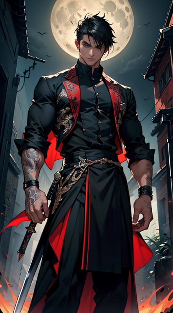 (masterpiece:1.2), (illustration), (best quality:1.2), (best aethetic:1.1), (beautiful art:1.2), (ultra-detailed:1.2), (8k), (HDR), (cinematic lighting), (wallpaper), (sharp focus), (intricate), (eyes very detail) man holding down black long sword in front of him, javanese, 170cm tall, average body, black hair colours, short cut side bangs, wearing black suit batik art style, wearing rings on all his fingers, black and red energy sparks all over his body and became demon shadow behind him, background night full moon, horror