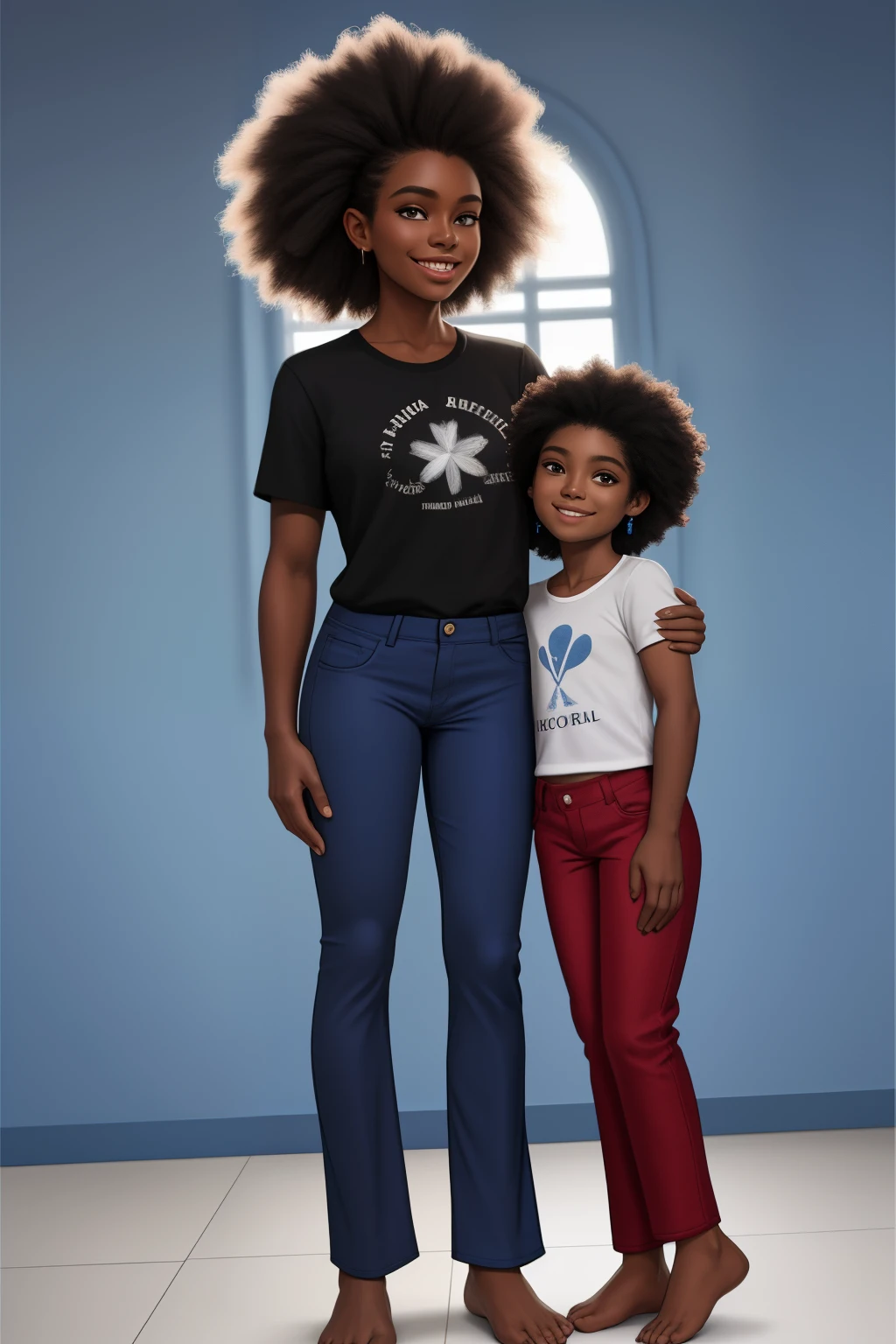 Black child, estrelas e lua, castelo, teddy bear, cabelo ????? , cabelo afro caindo para frente,, quarto rosa, imagem bem detalhada, imagem com muitos detalhes, menina fofa, menina sorrindo, cama branca, small child, 5-year-old child, idade 5 anos, mother and daughter, roupa azul, blue pants, blusa azul