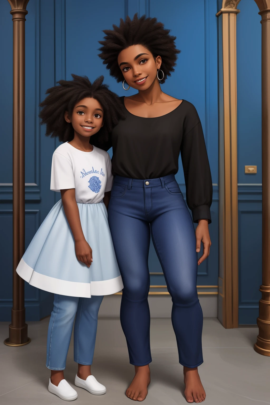 Black child, estrelas e lua, castelo, teddy bear, cabelo negro , cabelo afro caindo para frente,, quarto rosa, imagem bem detalhada, imagem com muitos detalhes, fofa, meninando, cama branca, small child, 5-year-old child, idade 5 anos, mother and daughter, roupa azul, blue pants, blusa azul
