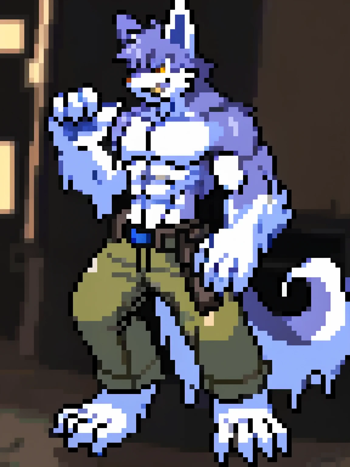 res, (goo Husky), gold and silver fur, anthro, blurred background, male, muscular, muscular anthro, muscular male, tail, solo, detailed background, (kemono), Abandoned City Background, closed mouth, grin, claws, back, 2D, mercenary, suggestive, charismatic, anime pose, long cloak, post-apocalyptic, changed_(video_game), 16_bit, dripping goo from body, 4 fingers, pixelated, pants, rifle