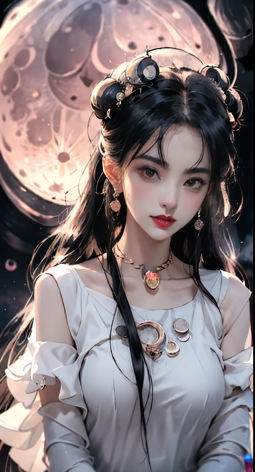 1 , Perfect face in pink and white, crown head, Hip-length black hair , very beautiful and piercing brown eyes, small red lips, Draw lips, Keep your mouth shut, Jewelry worn around the neck, 耳Nipple Ring, Teeth are white and even, a tall nose, Big and round, The girl&#39;s body  covered with water, legs long, Thin mesh black socks, sportrait, The most realistic, Best quality at best, best pixels, 8K Ultra , (clear super big moon background: 1.8)