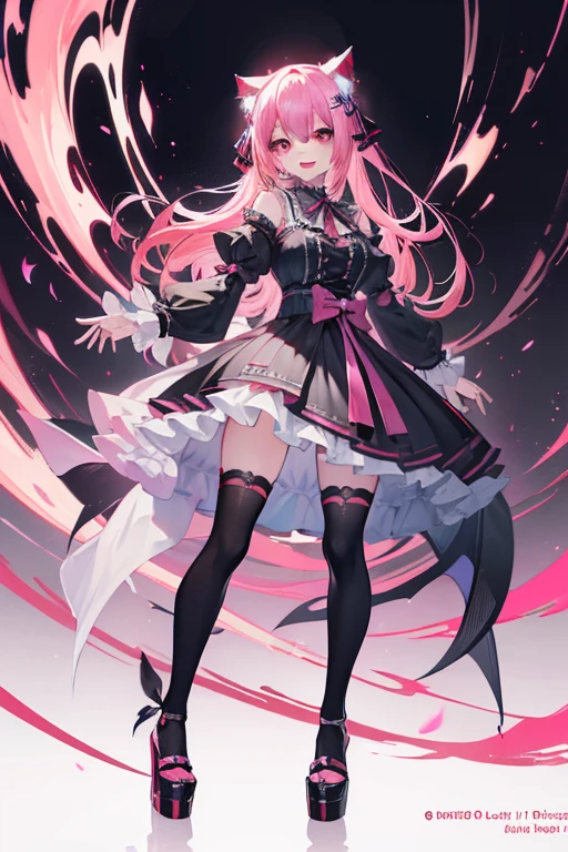 (masutepiece, Best Quality, High resolution: 1.2), 1 girl, Solo, single character full body, full body concept, Have pink eyes,,Gothic ta, Pink hair, Cat ears,thunder,Style ArtGerm, Full Body Detail 4K,Devilish smile with wide open mouth,And its detailed full-body detail 4K