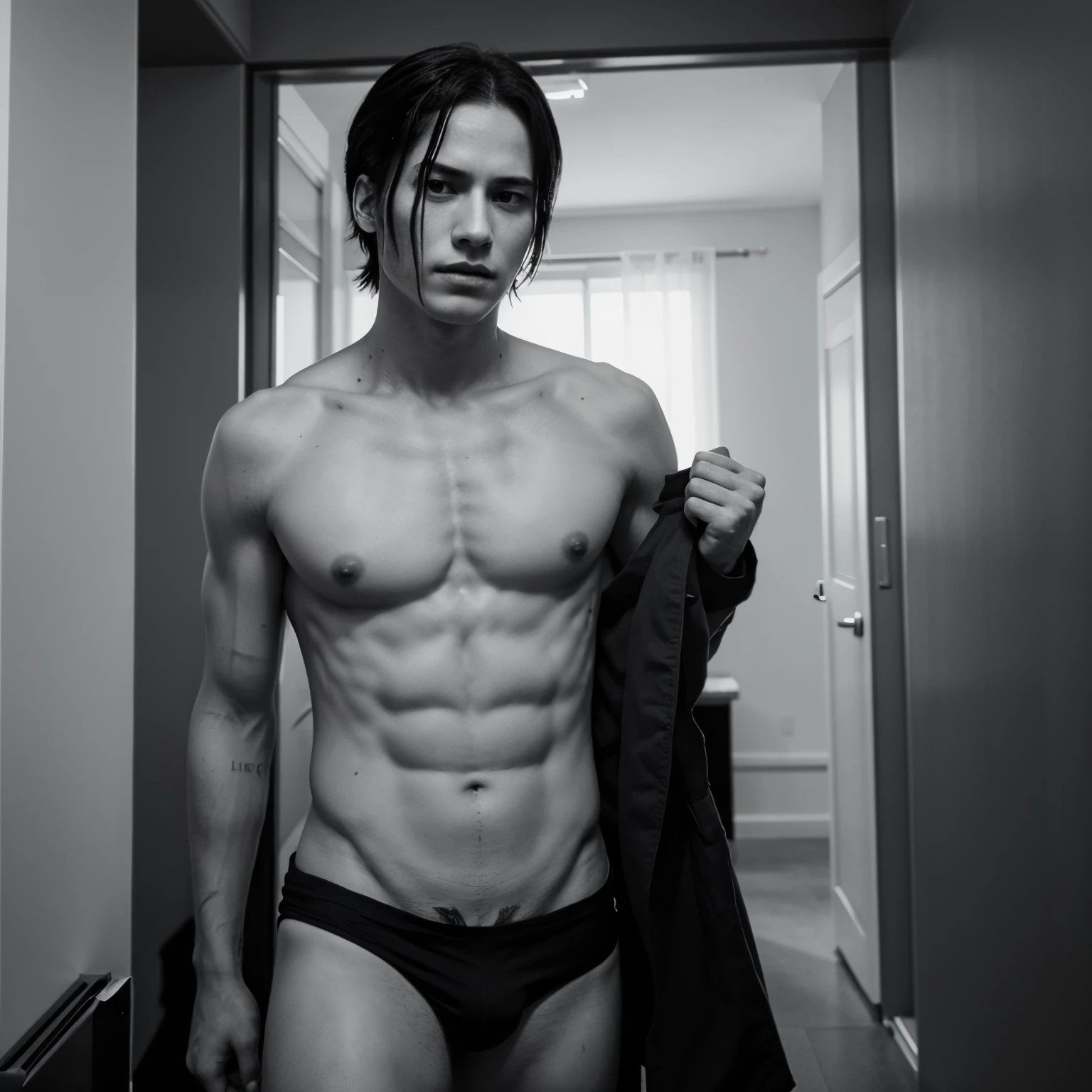 levi ackerman from attack on titan, shirtless, black and white photo