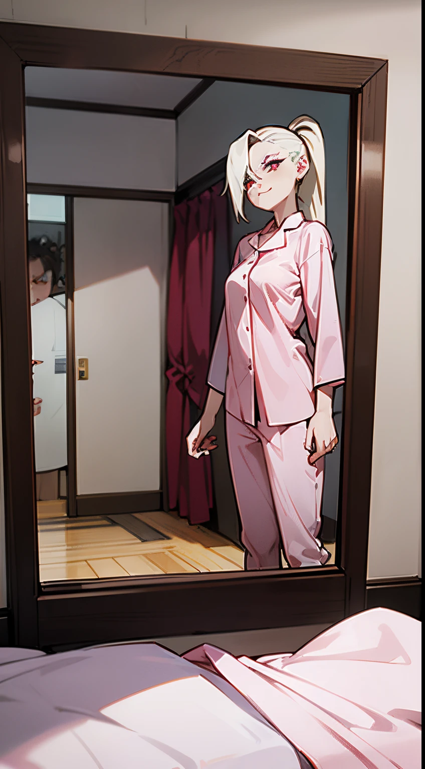 4K ultra high resolution image, Young Ino Yamanaka possessed by middle aged man, glowing red eyes, evil smirk, ****con, small breast horrifying dark scene, in a bedroom, looking at own body in the mirror pov, wearing pajamas