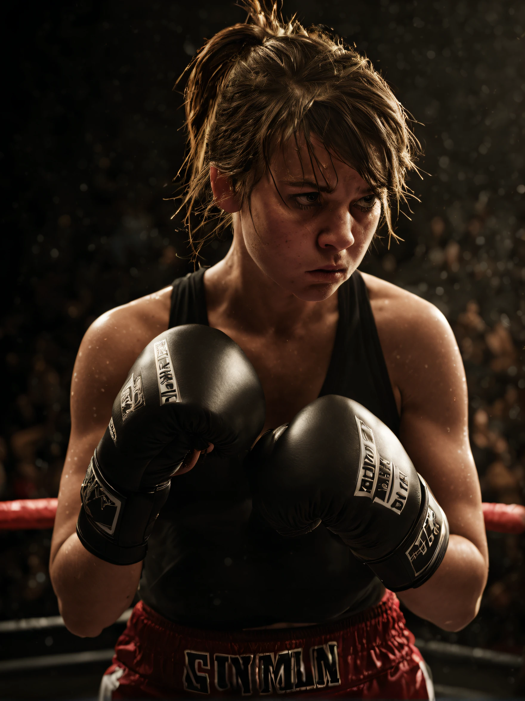 (realistic:1.2), 1girl, 18-year-old girl boxer in a boxing arena, intense fighting pose, looking down at someone with her head down, just before the game started, angry, (boxing gloves), low key, high-res, professional lighting, cold light