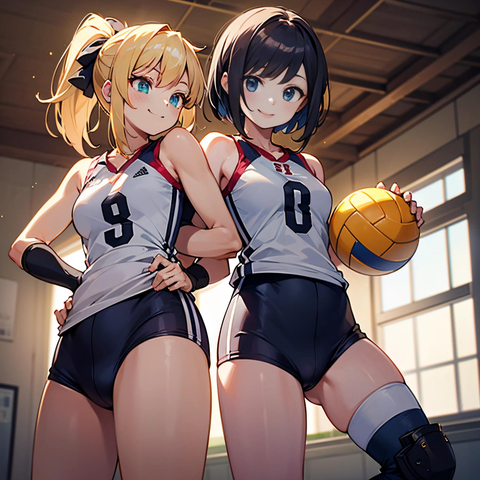 unity 8k wallpaper, anatomically correct, (((masterpiece))), (((best quality))), (((ultra detailed))), (((high-resolution))), ((super fine illustration)), ((Ultimate cutie)), detailed beautiful face, shiny hair, 18 years old, ((potbelly)), (curvy), medium breasts, ((Thick thighs)), adidas, sleeveless volleyball uniform, ((buruma)), ((knee pad)), (elbow pad), ((hold a 6-inch volleyball)), cowboy shot, in volleyball court, in school gymnasium,
BREAK, 2girls_A_and_B, A girl_have_{{blond ponytail}}_{hair bow}_{{happy}}_{smile},
BREAK, B girl_have_{black short hair}_ {hair bow}_{{{smirk}}}