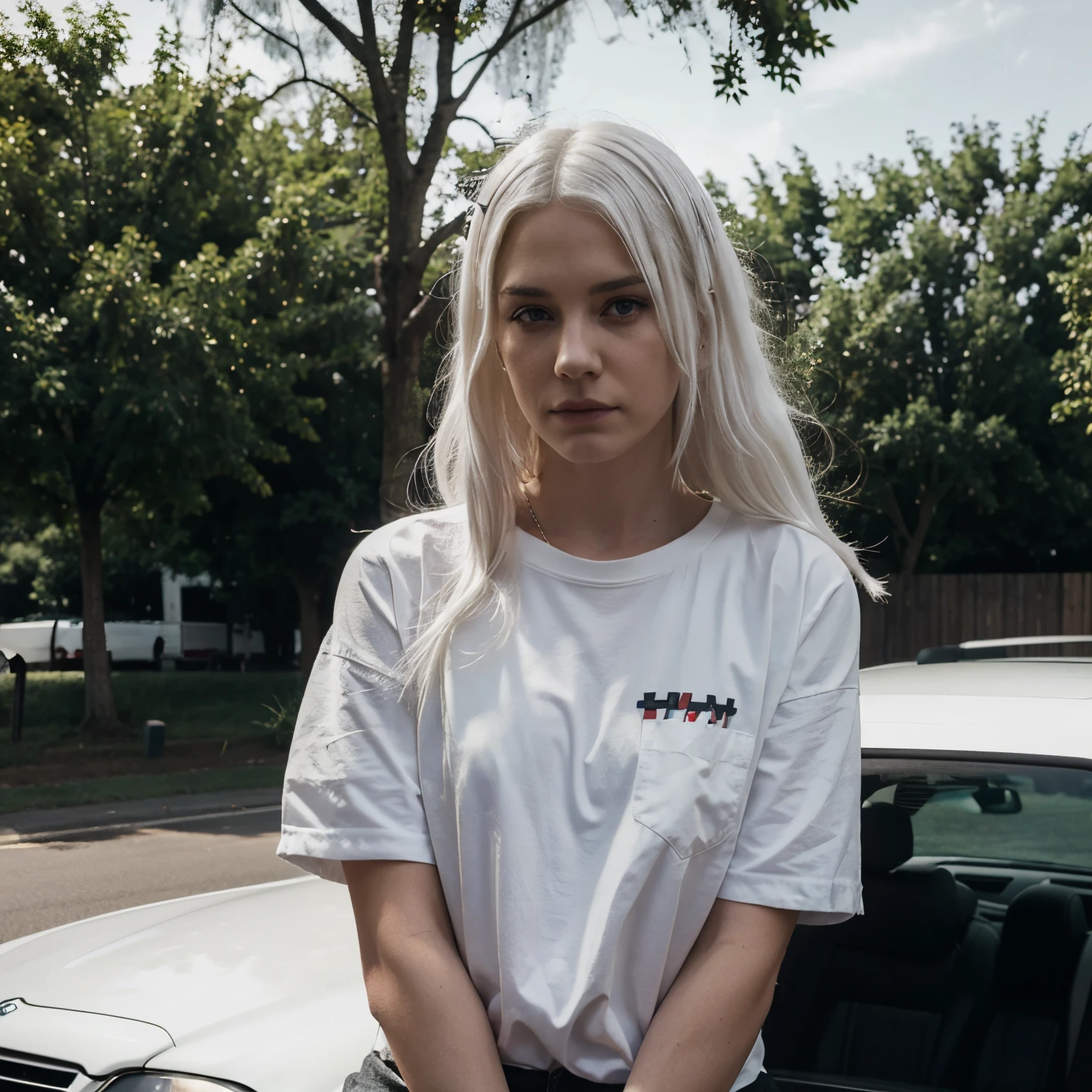 make a photo of eminem fucking white haired girl on a car