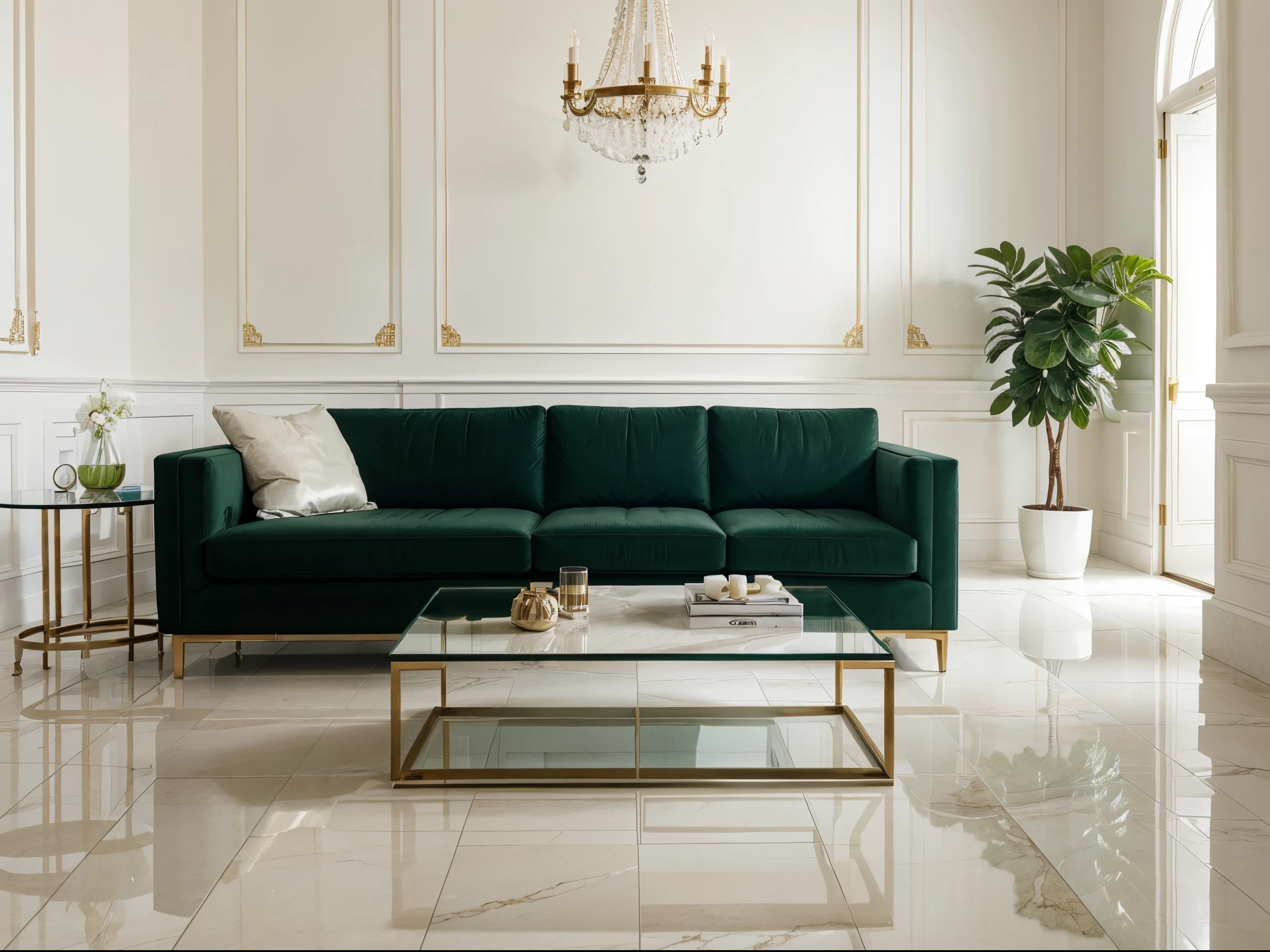 A luxurious living room with beauty sofas, a white marble floor and a clear glass coffee table with green plants, photorealistic, inspiring, ultra realistic.