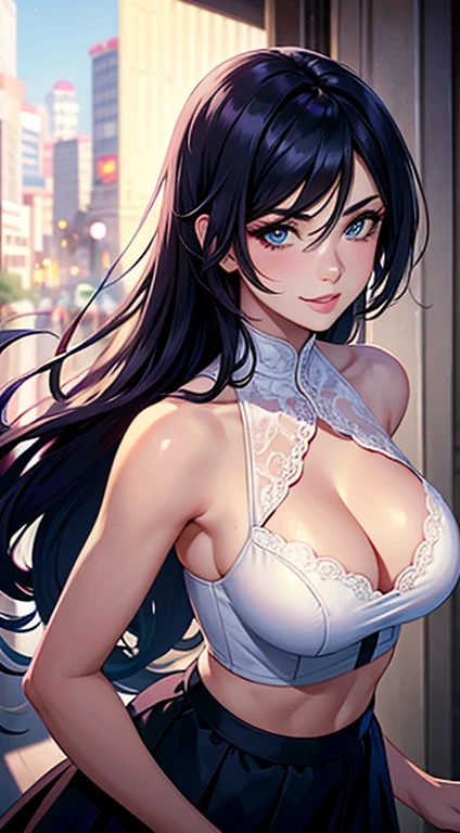 (masterpiece) best quality, medium bust, expressive blue eyes, perfect face, 1 girl, white lingerie, full body, 19 years old, 1milf,corpo definido,cute, : 1,3, long black hair, voluminous black hair, imaginable, cute, slutty outfit, midriff (young woman), makeup, close-up of face, happy expression, pink club lights, white sheer tulle lingerie