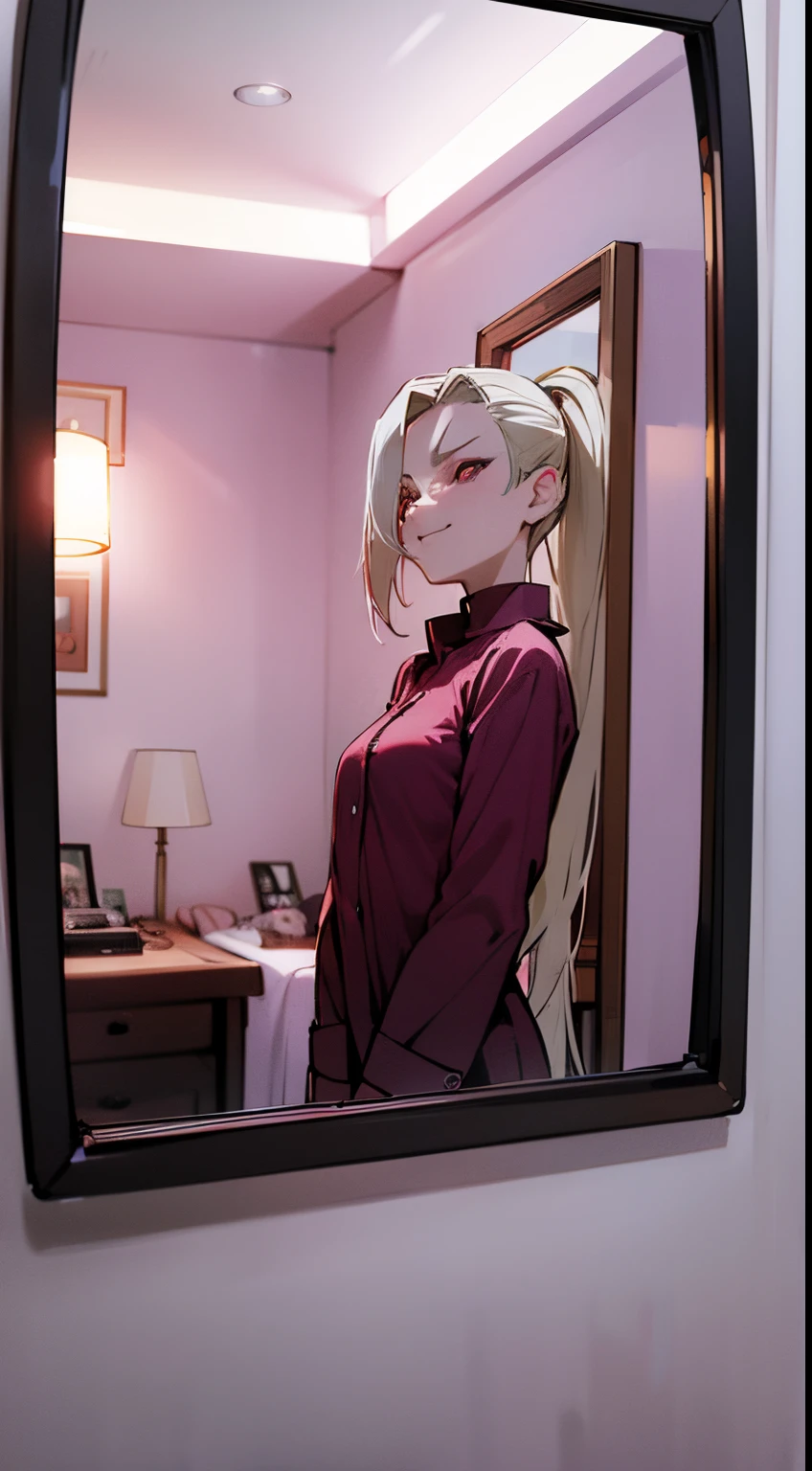 4K ultra high resolution image, Young Ino Yamanaka possessed by middle aged man, glowing red eyes, evil smirk, lolicon, small breast horrifying dark scene, in a bedroom, looking at own body in the mirror pov, wearing pajamas, closer to the mirror