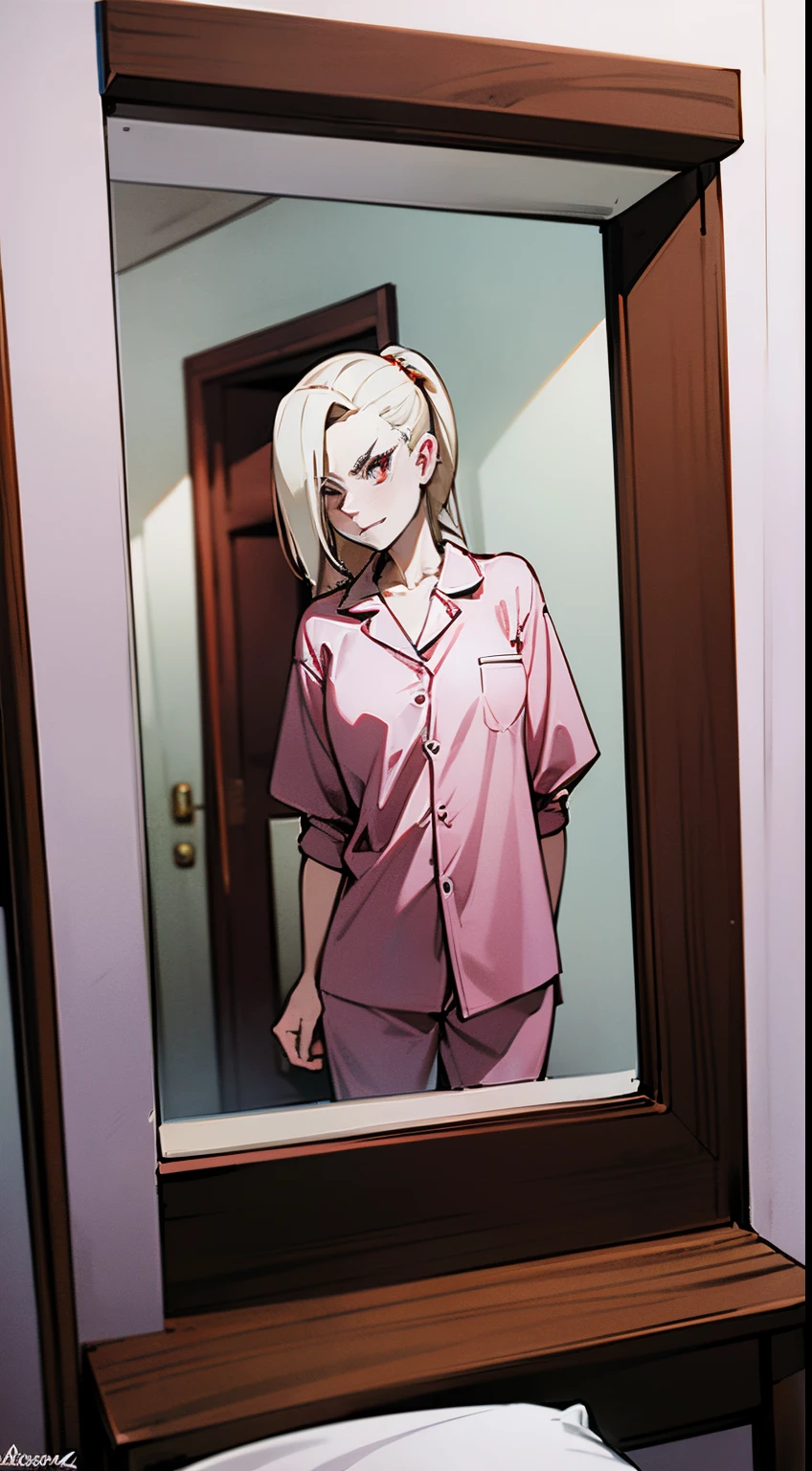 4K ultra high resolution image, Young Ino Yamanaka possessed by middle aged man, glowing red eyes, evil smirk, ****con, small breast horrifying dark scene, in a bedroom, looking at own body in the mirror pov, wearing pajamas, closer to the mirror