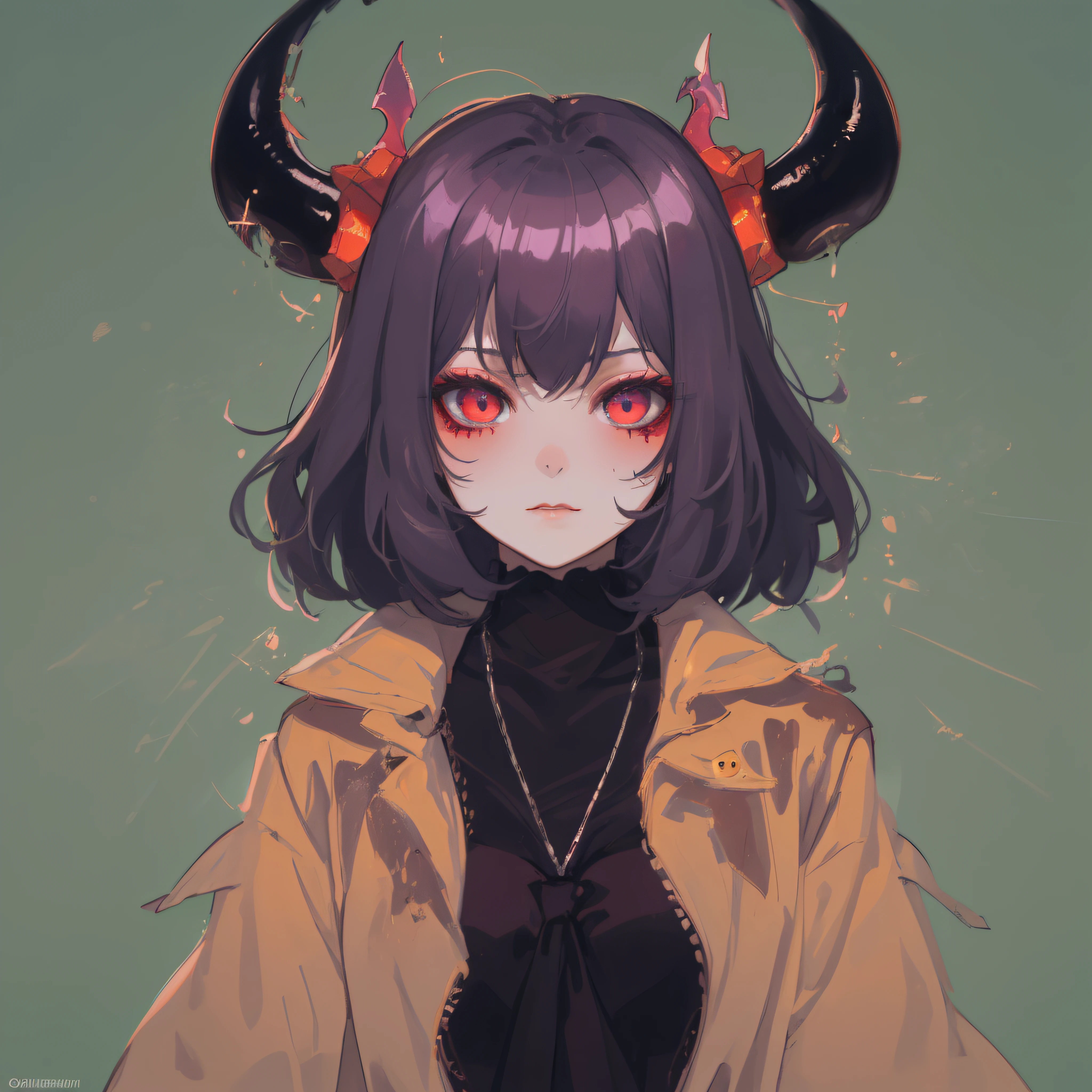 1girl, arms under breasts, black horns, buttons, closed eyes, demon girl, horns, limited palette, open mouth, painting \(medium\), sharp teeth, short hair, smile, teeth, traditional media, watercolor \(medium\), white background, white hair