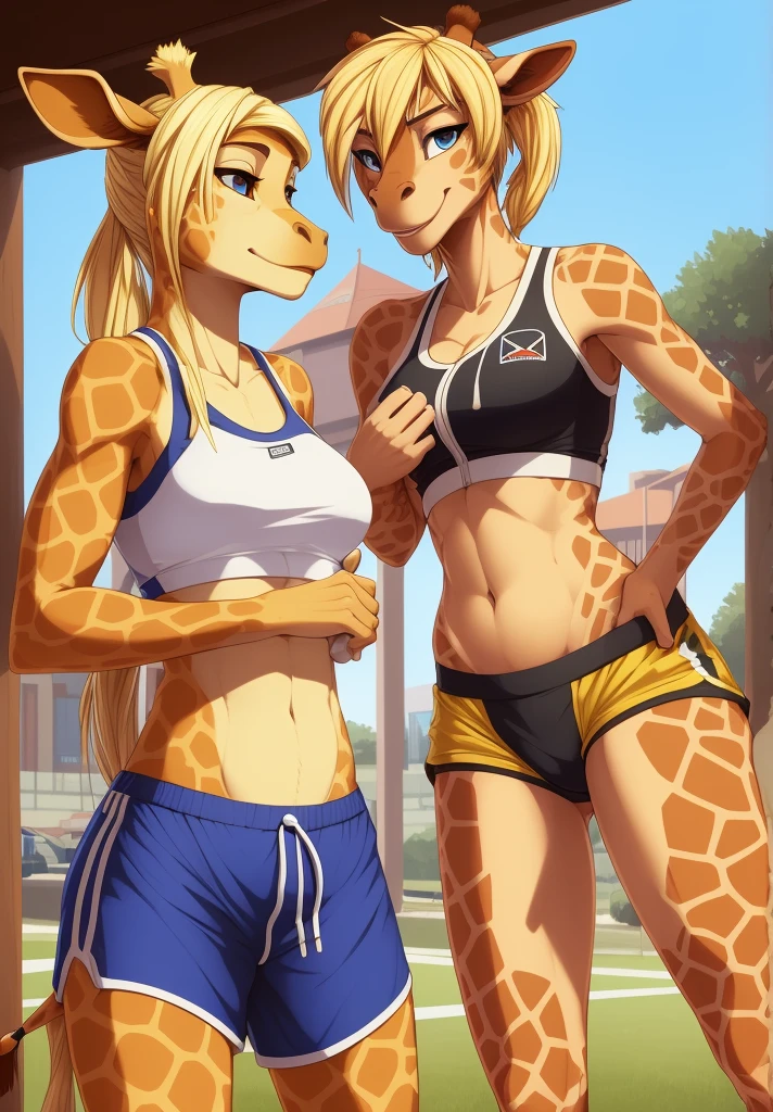 stoopix, by stoopix, anthro, giraffe anthro, jogging shorts, 1woman, medium breasts, sports bra, blonde hair, pokies, camel toe