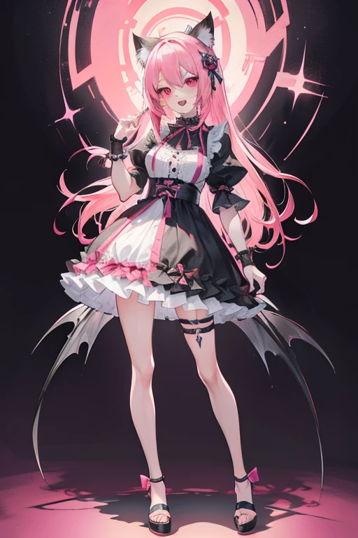 (masutepiece, Best Quality, High resolution: 1.2), 1 girl, Standing solo, single character full body, full body concept, Have pink eyes,,Gothic lolita, Pink hair, Cat ears，thunder，Style ArtGerm, Full Body Detail 4K，Devilish smile with wide open mouth，And its detailed full-body detail 4K