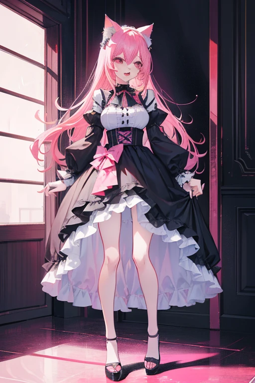 (masutepiece, Best Quality, High resolution: 1.2), 1 girl, Standing solo, single character full body, full body concept, Have pink eyes,,Gothic lolita, Pink hair, Cat ears，thunder，Style ArtGerm, Full Body Detail 4K，Devilish smile with wide open mouth，And its detailed full-body detail 4K