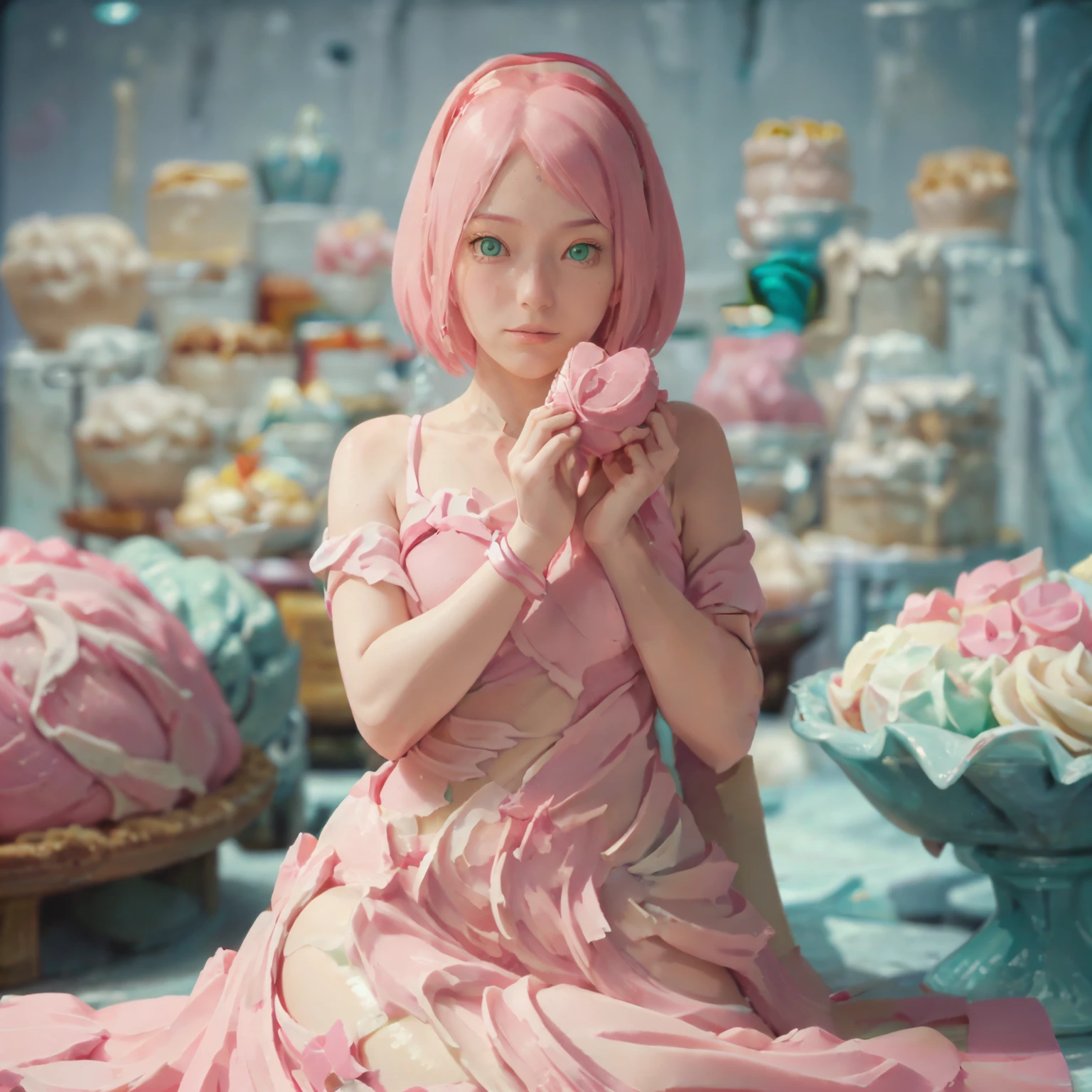 Holding gelato cake、１girl with、Princess Snow White、２０years old、Gelato Hair、Gentle smile、beautidful eyeeautiful countenance、masutepiece、realisitic、top-quality、green eyes, pink short hair, sakura haruno from naruto , GELATO STYLE