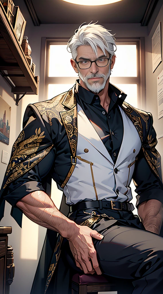 (masterpiece:1.2), (illustration), (best quality:1.2), (best aethetic:1.1), (beautiful art:1.2), (ultra-detailed:1.2), (8k), (HDR), (cinematic lighting), (wallpaper), (sharp focus), (intricate), man sit down on police office, 60 years old, skinny body, wearing glasses, white hair, short cut hair with bangs, have mustache and beard, 175cm tall, used futuristic stick, wearing long cape batik art style, white aura all over his body, charismatic, horror