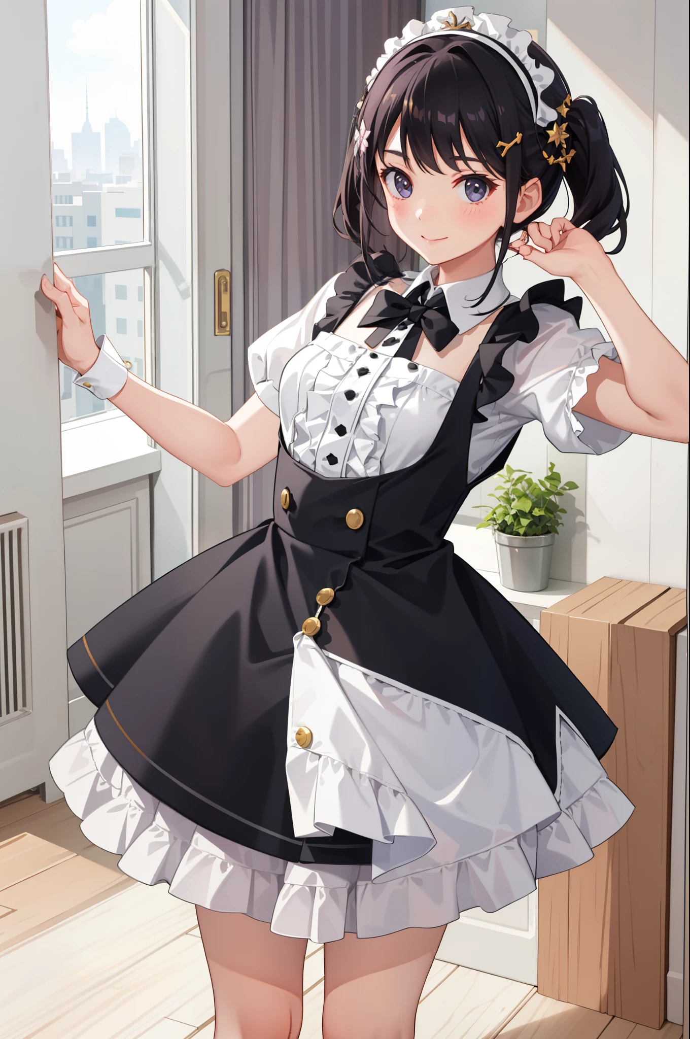 1girl in、A smile、A delightful、skirt by the、(small tits)Chilarism、doress、pinafore,,,,,,、Maidvement hair ornament、