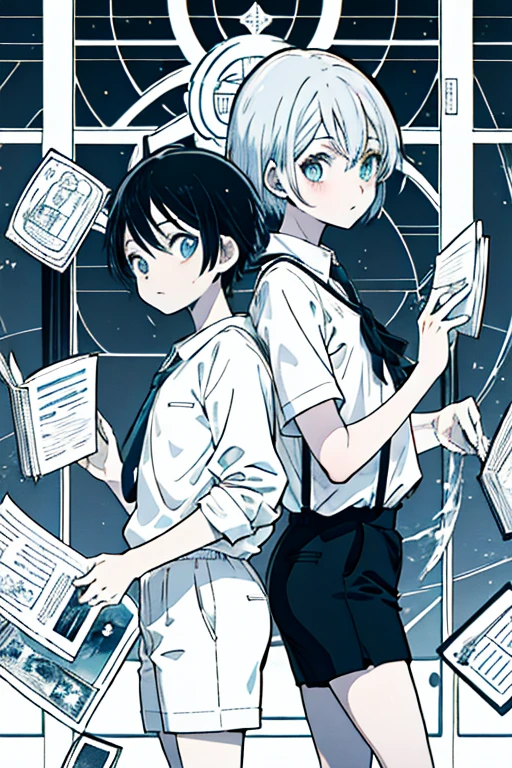 menino, 20 y.Or, White short hair, casual wear, b/W color palette, Pupil, blue eyes, before school, Best Quality, Ray Tracing, corners, stylized as a luxury book,manga cover, manga