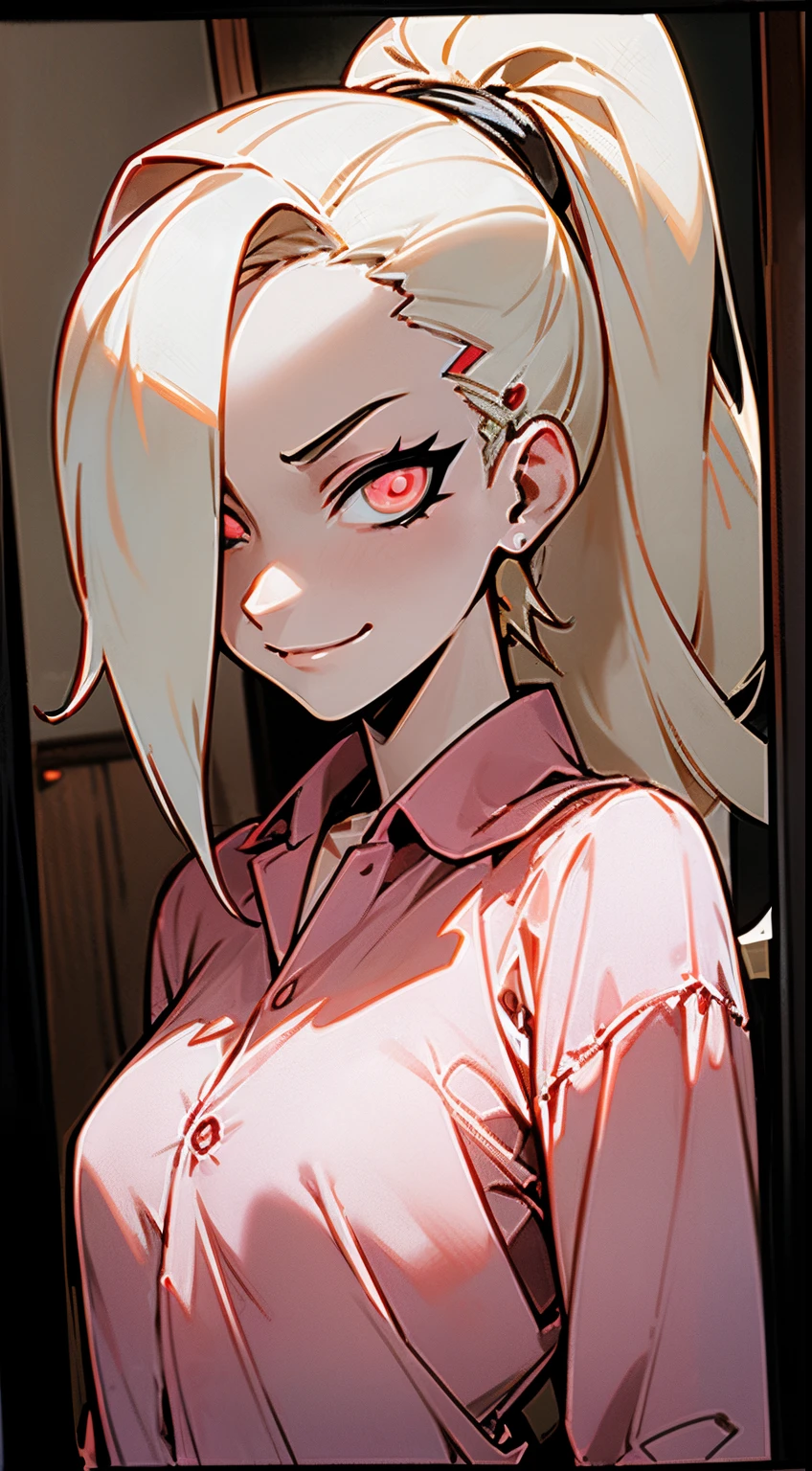 4K ultra high resolution image, Young Ino Yamanaka possessed by middle aged man, glowing red eyes, evil smirk, lolicon, small breast horrifying dark scene, in a bedroom, looking at own face in the mirror pov, wearing pajamas,