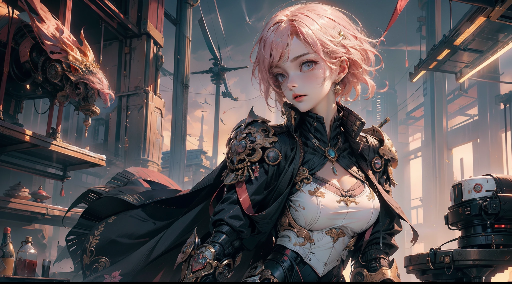 1female，(((solo))), 35yo，plumw，extremely large bosom， 独奏，（Background with：Huge machinery，droid，aerodrome，Planes，Huge mechanical armor，） She has very short pink hair，bobo head，Stand on the plane，，seen from the front， hair straight， mostly cloudy sky，（（（tmasterpiece），（Very detailed CG unity 8K wallpaper），best qualtiy，cinmatic lighting，detailed back ground，beatiful detailed eyeright pupillue eyes，Snow-whiteskin，pink lip（Very fine and beautiful），（Beautiful and detailed eye description），ultra - detailed，tmasterpiece，））facing at camera，A high resolution，ultra - detailed），revealing breastare genitalia，  Bulge，legs are open，Raised sexy，Camel toelushed complexion，Desire for dissatisfaction，frontage，British Air Force，Aviator，Officer's cap（Wearing：blazer jacket，tailcoat，White color blouse，a black bowtie，Black pantyhose，Gold wire embroidery，Armour，Bare breasts）cyber punk style