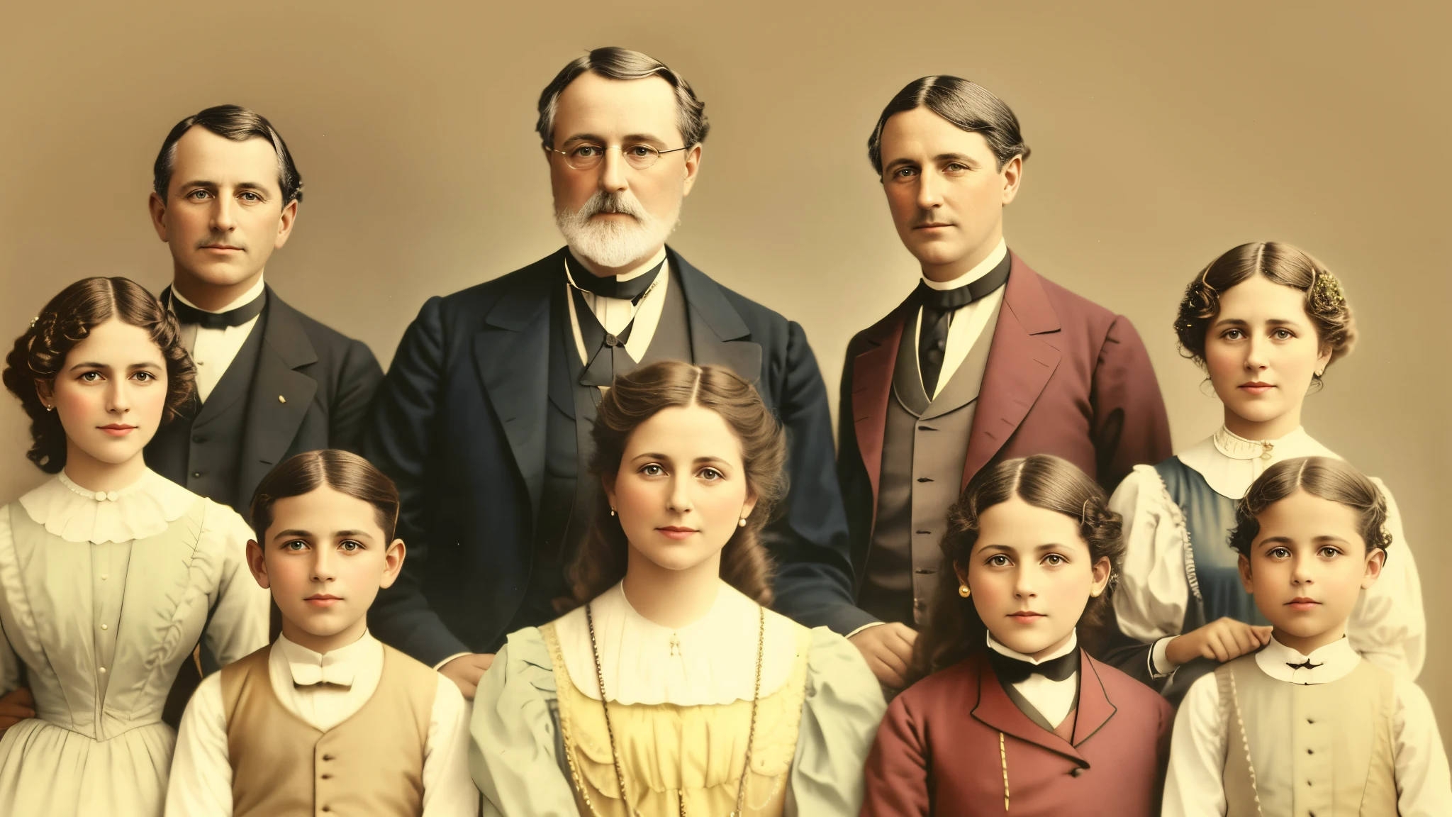 Photograph of a family of people in formal clothes, Colouring, foto colorida, Coloration 1 9 0 4 photo, uma foto colorida, fotografia colorida, Background Coloring, Colouring, foto colorida, foto colorida vintage, hand - Coloring, era vitoriana, Colouring, foto colorida antiga, historic portrait, Victorian era, foto em cores, Fotografia Vitoriana
