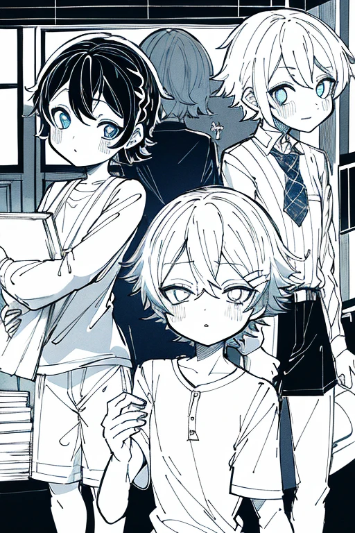, 20 y.Or, White short hair, casual wear, b/W color palette, Pupil, blue eyes, before school, Best Quality, Ray Tracing, Corners, stylized as a luxury book,manga cover, manga