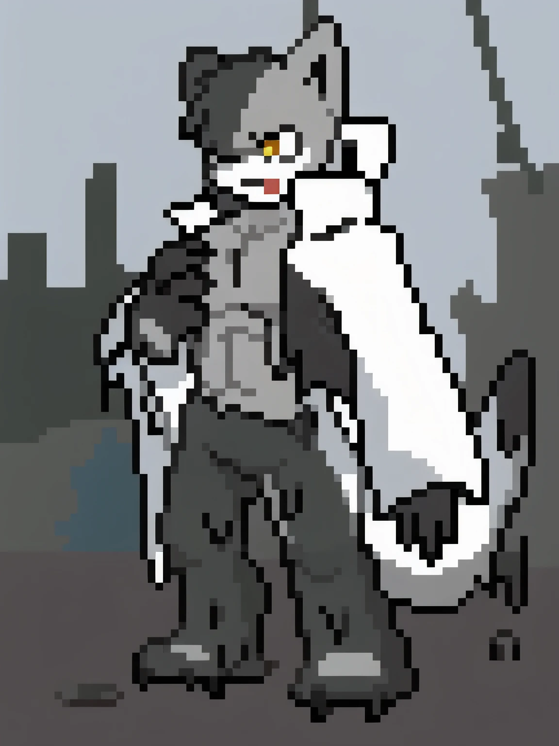 res, (goo Husky), gold and silver fur, anthro, blurred background, male, muscular, muscular anthro, muscular male, tail, solo, detailed background, (kemono), Abandoned City Background, closed mouth, grin, claws, back, 2D, mercenary, suggestive, charismatic, anime pose, long cloak over shoulders and arms, post-apocalyptic, changed_(video_game), 16_bit, dripping goo from body, 4 fingers, pixelated, detailed face, holding rifle, pants