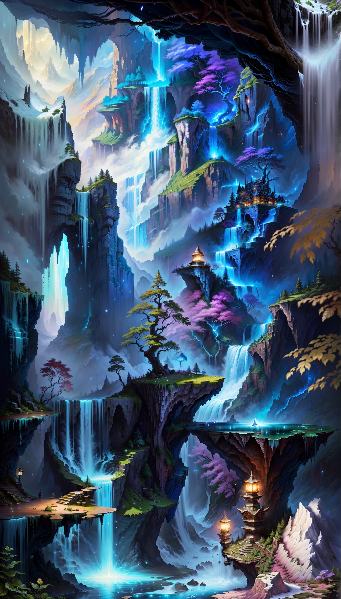 a painting of a waterfall with a waterfall in the middle, detailed fantasy digital art, magic fantasy highly detailed, highly detailed fantasy art, beautiful detailed fantasy, magical environment, magical background, magical landscape, intricate fantasy painting, detailed fantasy art, detailed dreamscape, fantasy highly detailed, detailed fantasy illustration, 4k highly detailed digital art, beautiful fantasy painting, magical fantasy forest