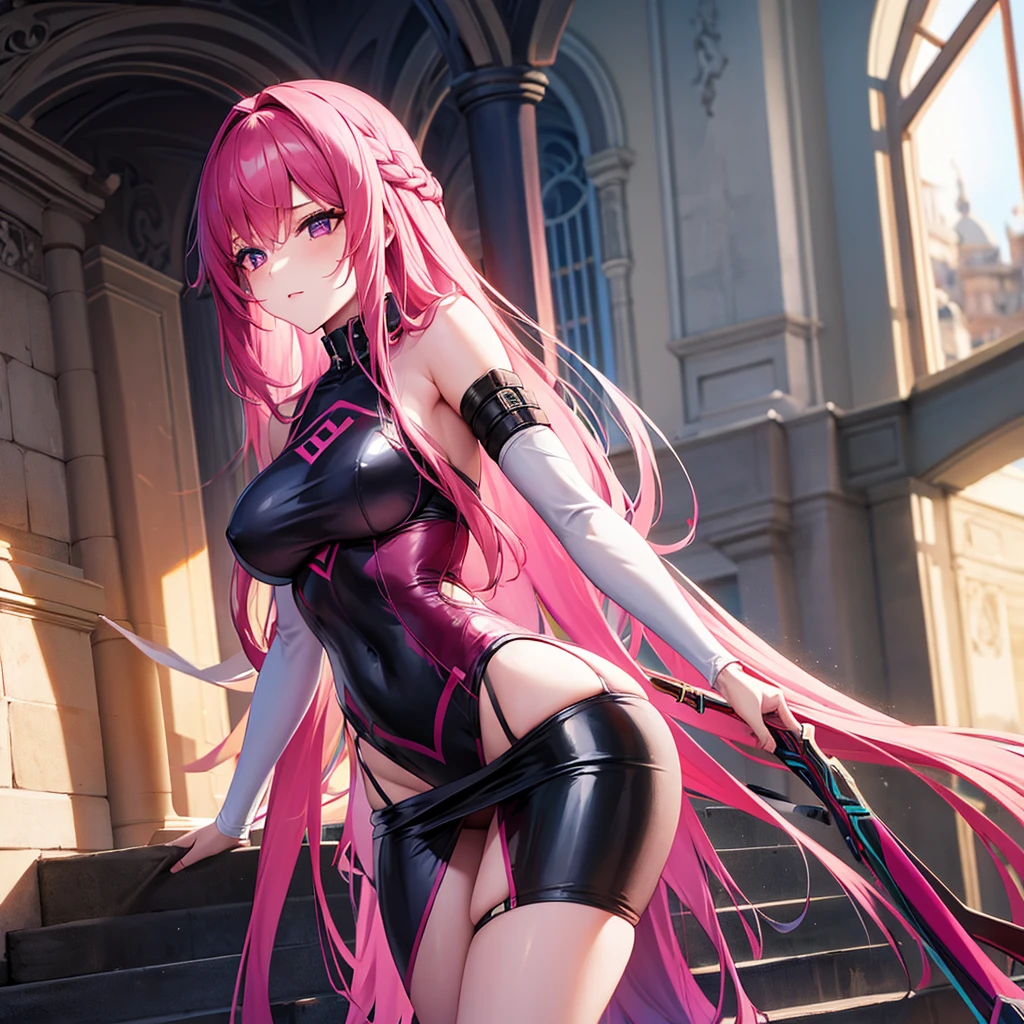 Girl with long pink hair very y in assin outfit