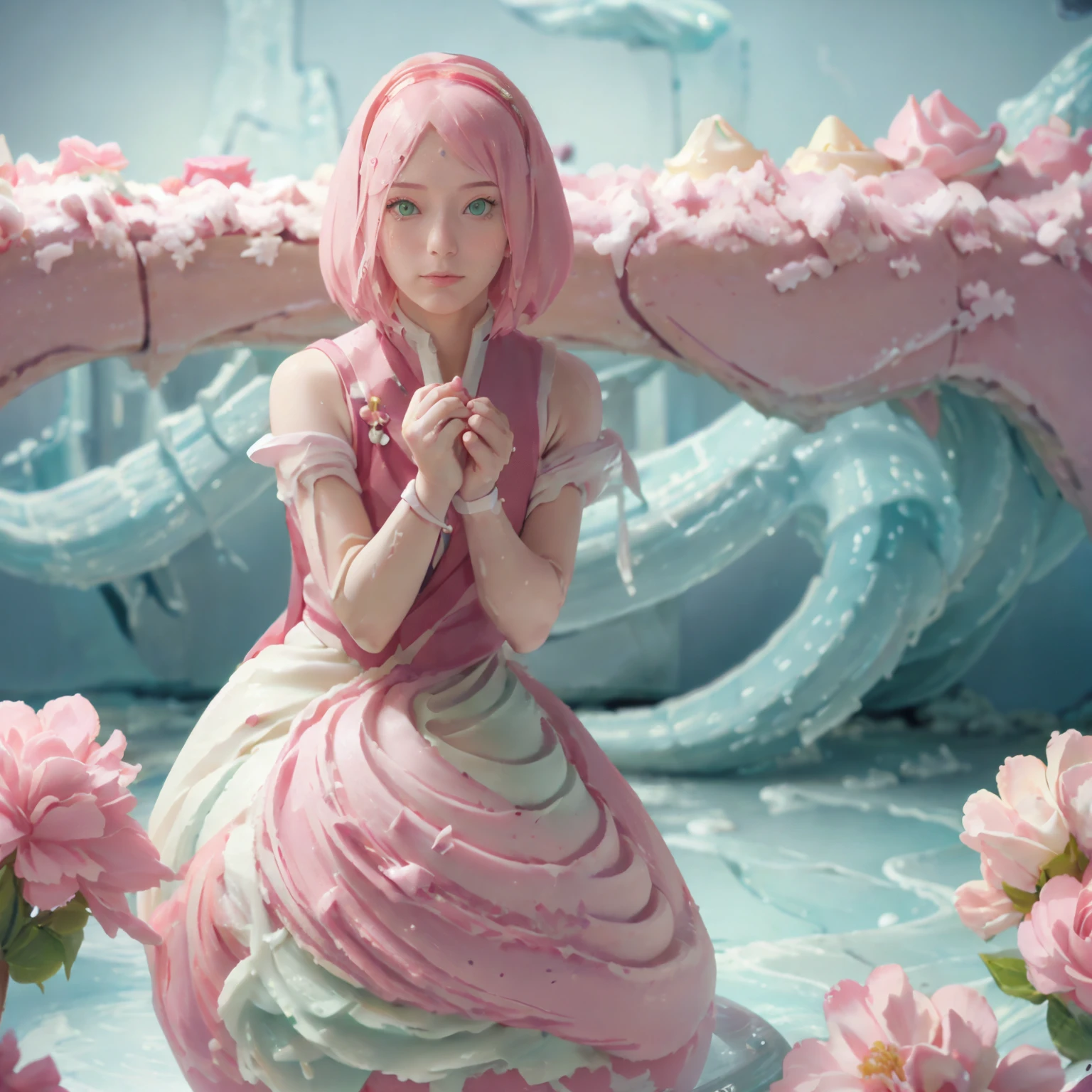 Holding gelato cake、１girl with、Princess Snow White、２０years old、Gelato Hair、Gentle smile、beautidful eyeeautiful countenance、masutepiece、realisitic、top-quality、green eyes, pink short hair, sakura haruno from naruto , GELATO STYLE