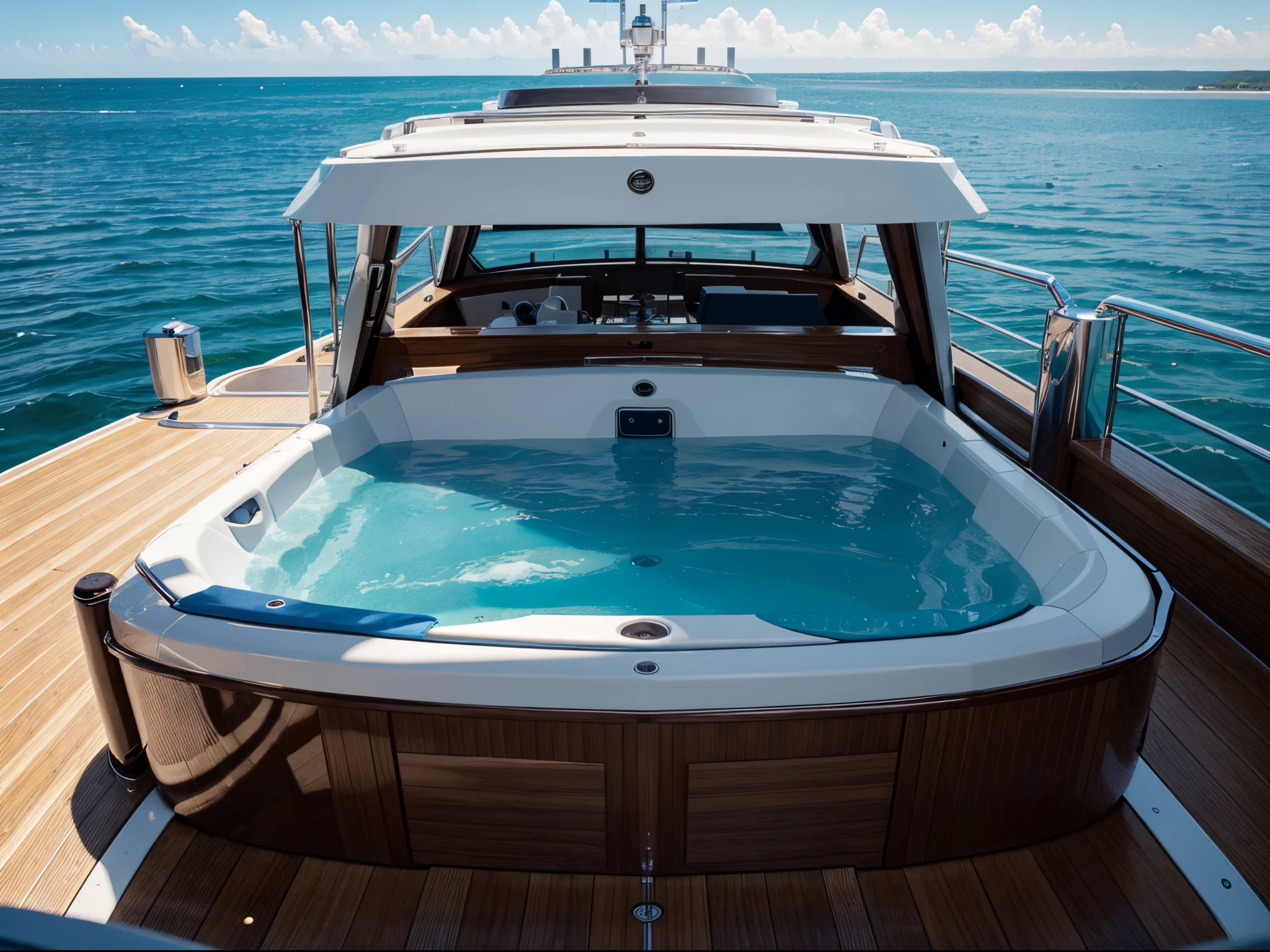 private boat, deck, luxury, expensive, jacuzzi, lavish, blue sky. photorealistic, fhd, beauty