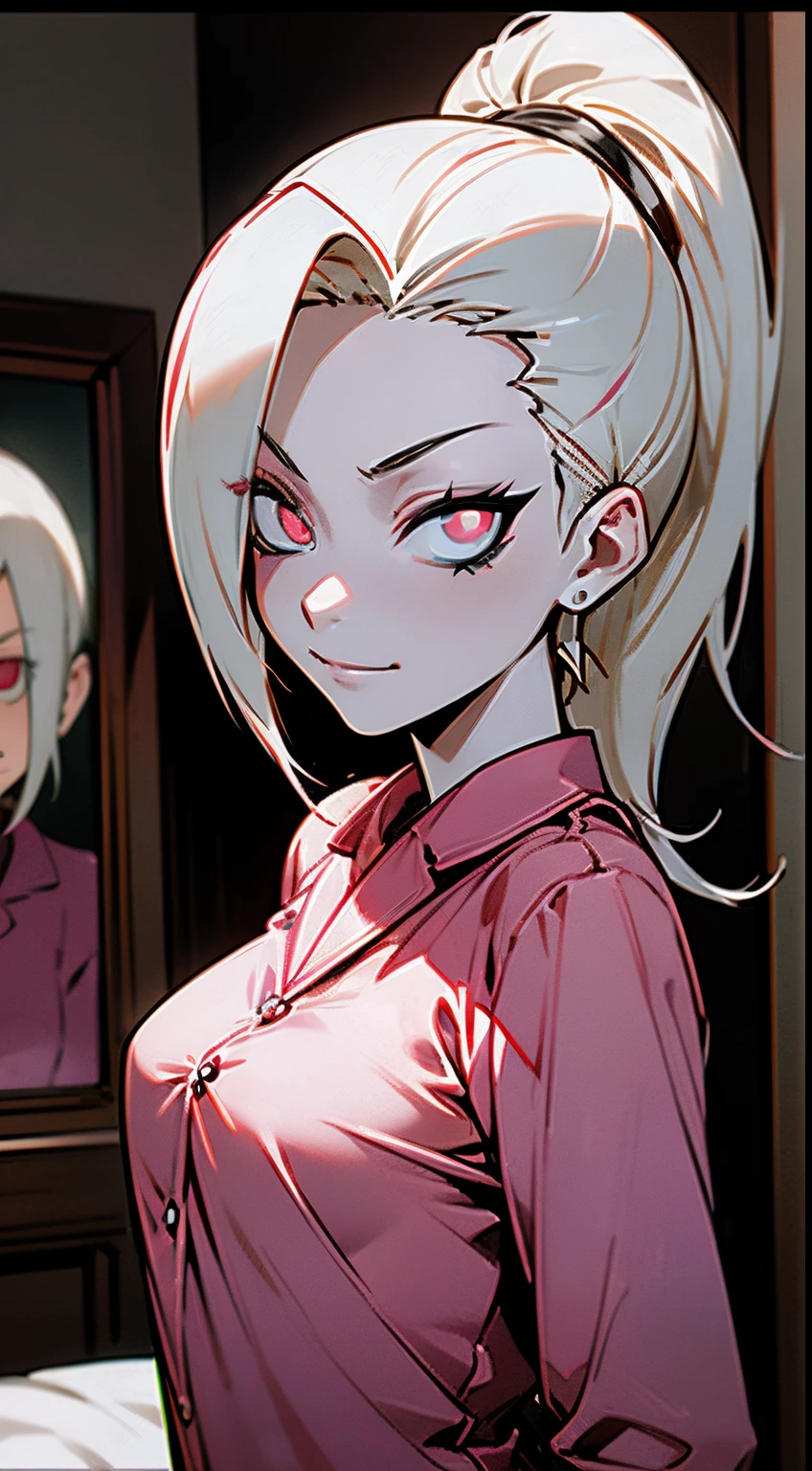 4K ultra high resolution image, Young Ino Yamanaka possessed by middle aged man, glowing red eyes, evil smirk, ****con, small breast horrifying dark scene, in a bedroom, looking at own face in the mirror pov, admiring own face, wearing pajamas,