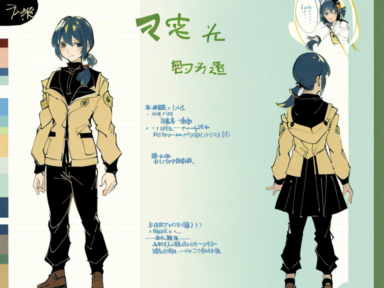 1girl in, ((Character information)、(Chara Leaf)、Type sheet, Character Sheets, Three types,Shot Full Body,Game Character Design,Colorful, Bright, hairlong, pony tail
