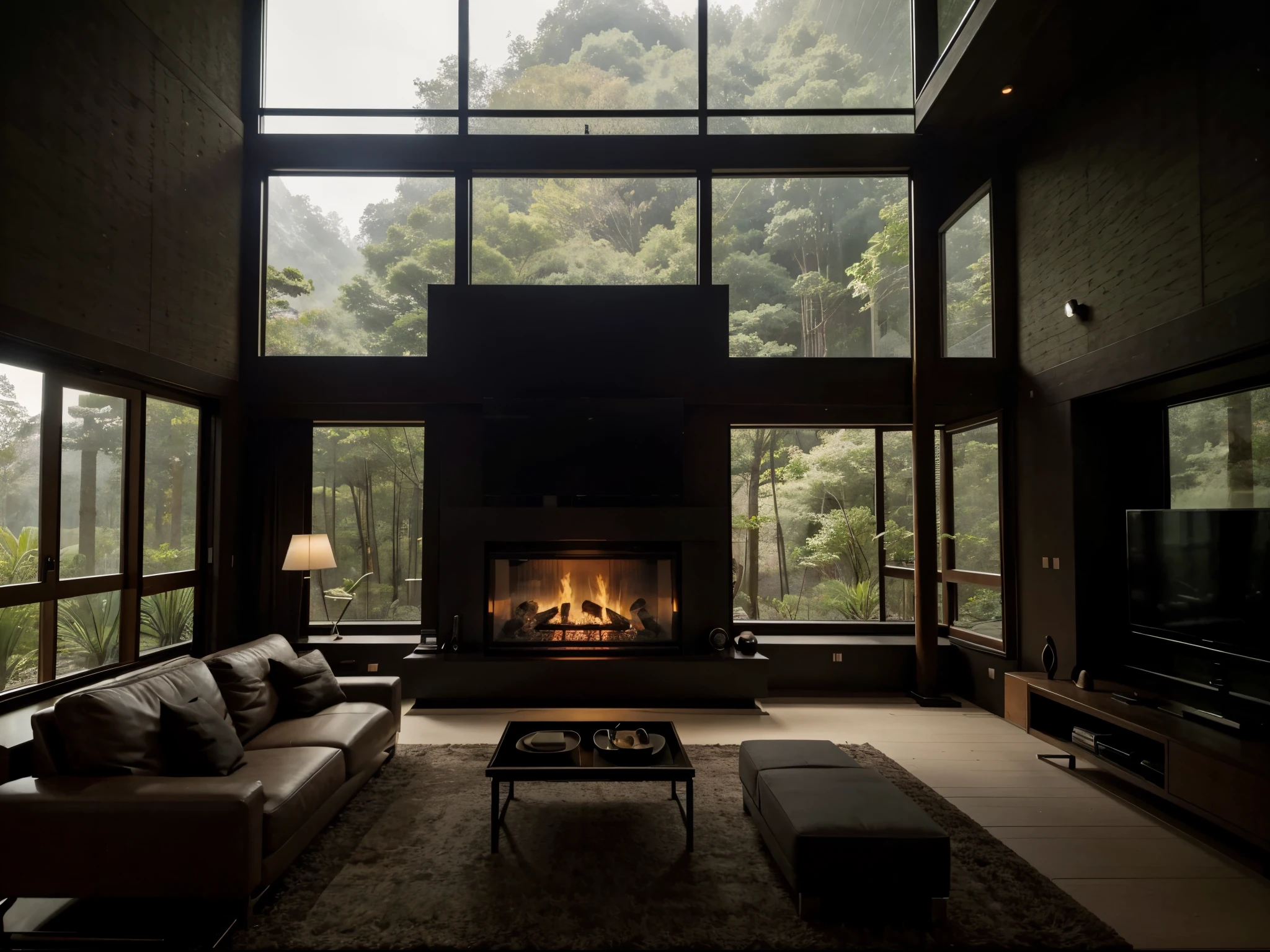 a modern living room with floor to ceiling windows and a fireplace, The large screen TV is on the fireplace,in the style of mysterious jungle, dark, moody landscapes, japanese contemporary, cabincore, romanticized nature, swiss style, luxurious