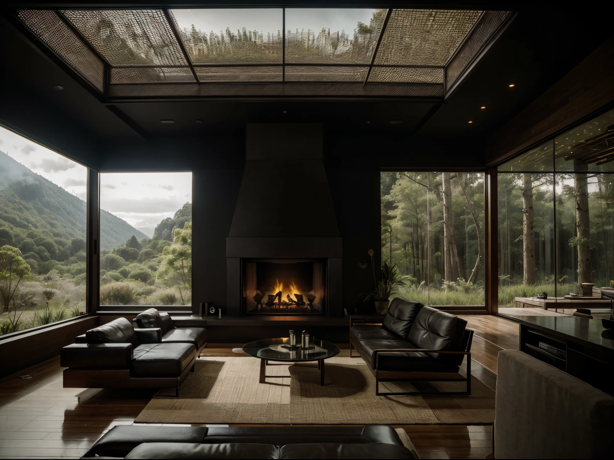 a modern living room with floor to ceiling windows and a fireplace, The large screen TV is on the fireplace，in the style of mysterious jungle, dark, moody landscapes, japanese contemporary, cabincore, romanticized nature, swiss style, luxurious