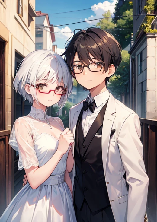 Female, 16 years old, short, White Hair, Brown eyes, Wear glasses, Wear a wedding dress. Taking a selfie with a 16-year-old girl with short hair, Black Hair, And brown eyes.., glasses and suit. The background is a mountain meadow...