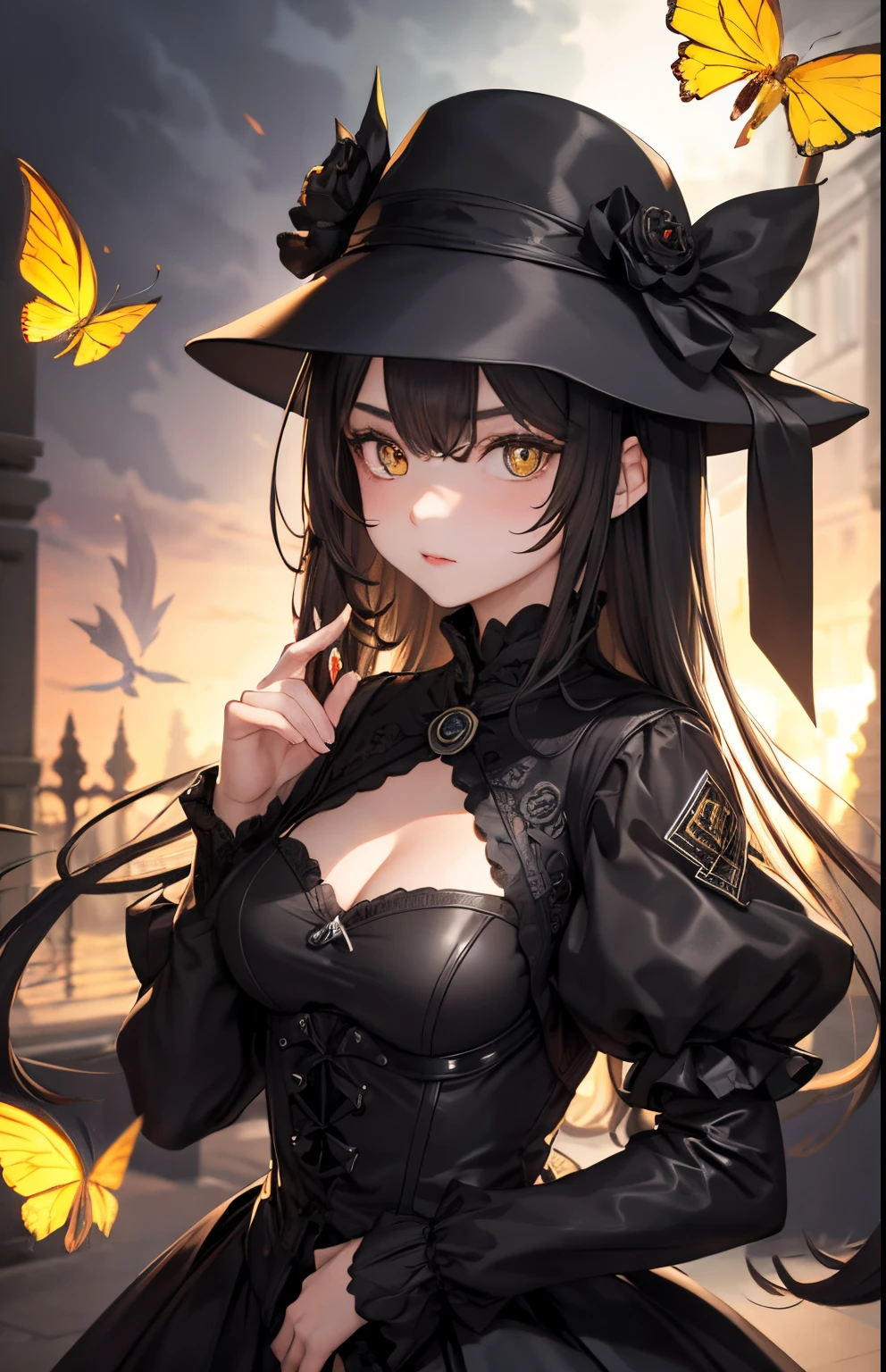 Meisterwerk, best quality, 1girls, schwarzes Haar, gelbe Augen, Lange Haare, Schmetterlinge, Nacht, upper body,