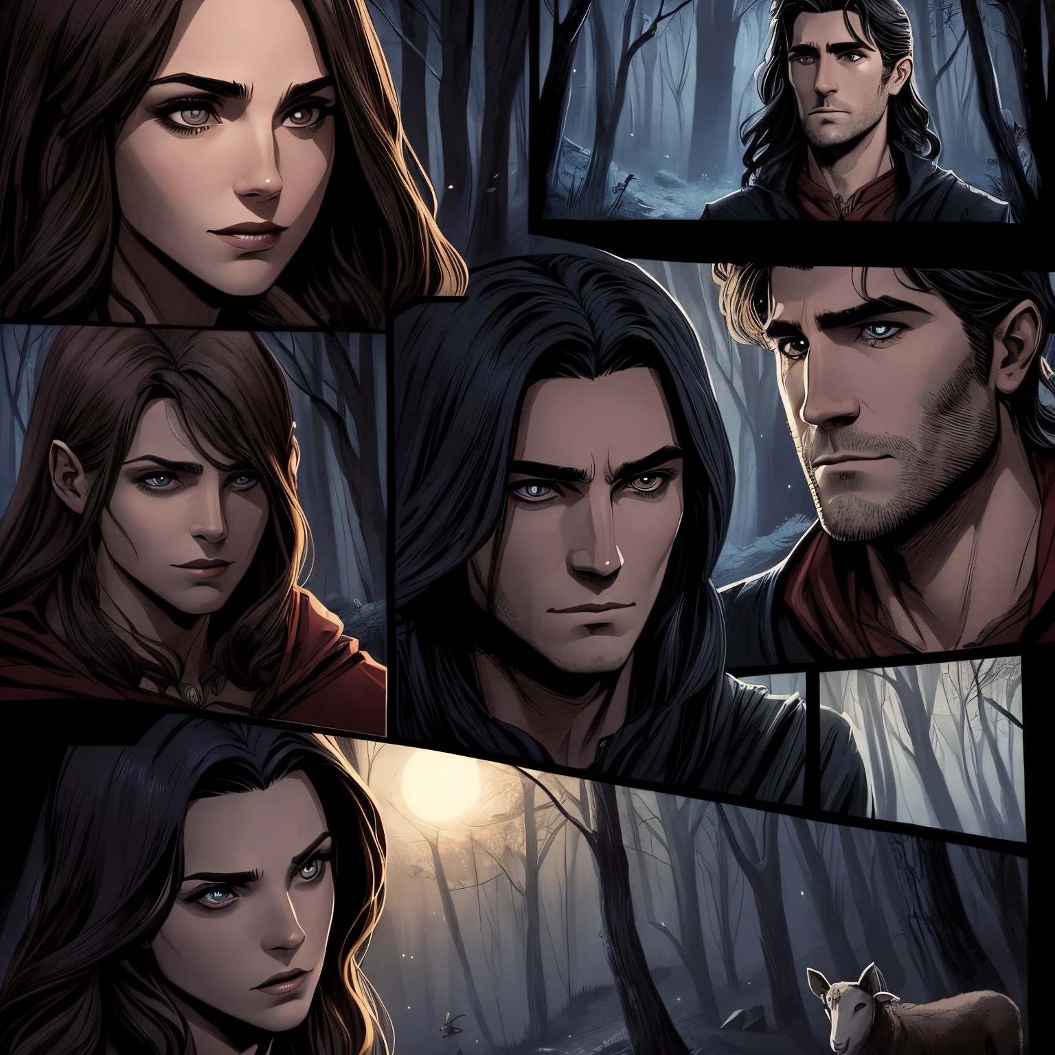 "Create an exciting comic strip depicting a surprising encounter one night in the woods.. En el escenario, a vampire of about 23 years old, con apariencia similar a Gal Gadot, wears elegant Arab clothes. He appears unexpectedly before a young sheep shepherd of about 17 years old., parecido a Jake Gyllenhaal, de la tribu acadiana. Surprise is reflected in the vampire's expression, who reveals a special connection with the young man. Use dark colors to highlight the night atmosphere and add shadows to emphasize the surprise on the characters' faces. The composition must convey the emotional tension of the moment, making it clear that the young shepherd has no knowledge of the woman's vampire identity."
