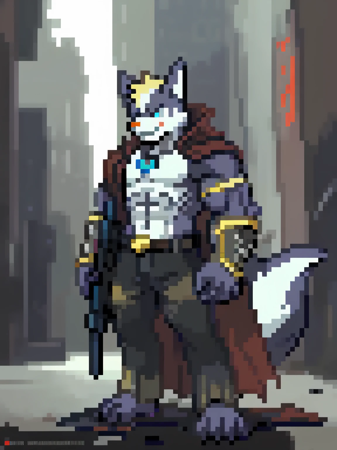 res, (goo Husky), golden fur, anthro, blurred background, male, muscular, muscular anthro, muscular male, tail, solo, detailed background, (kemono), Abandoned City Background, closed mouth, grin, claws, back, 2D, mercenary, suggestive, charismatic, anime pose, long cloak over shoulders and arms, post-apocalyptic, changed_(video_game), 16_bit, dripping goo from body, 4 fingers, pixelated, detailed face, holding rifle, pants