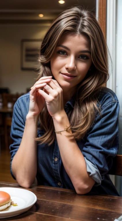 (High quality, 16k, Masterpiece: 1.3), 20 years old French ethnie, beautiful woman with a perfect petite figure: 1.3, (brown hair, large dark eyes, Look out the window in a nostalgic way), (casual outfit), (sitting in a chair inside a snack drinking a coffee, infront of a table with a burger on a plate), (4k very good quality), (pose), (Sensual), (cute pose)