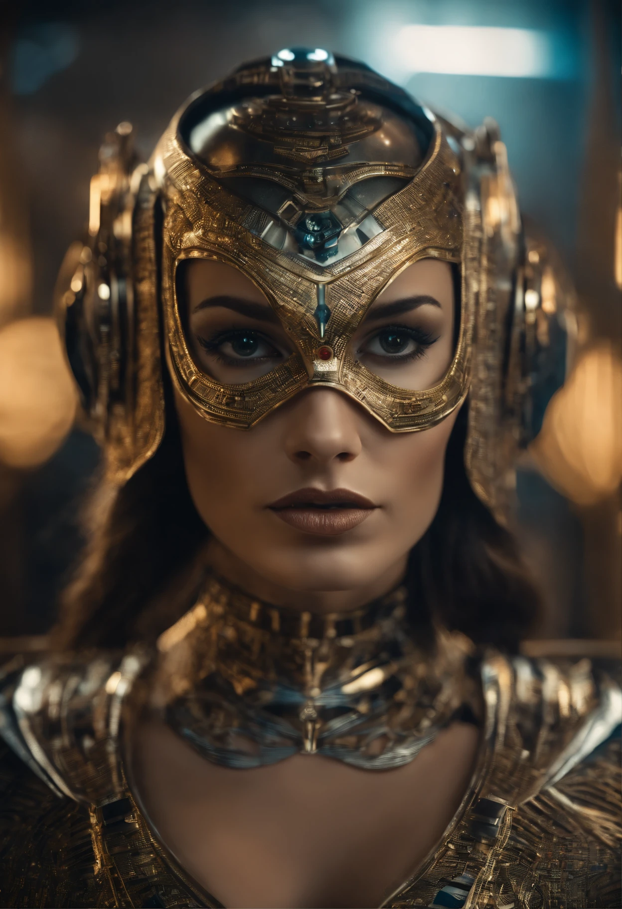 best quality, portrait of a beautiful woman i futuristic mask inspired by an ancient egypt mask, details, gold, silver, transparent limestone, stones, scarab beetle, microchips, cabels, electric glow, retro futurism, space colony in background, mecha-girl, experimental and futuristic cybernetic details, vibrant, star trek, ultra-modern, Cinematic, Ultra detailed, professional. Cybernetics, Human-machine integration, dystopian, Highly detailed, eyes covered by a transparent visor